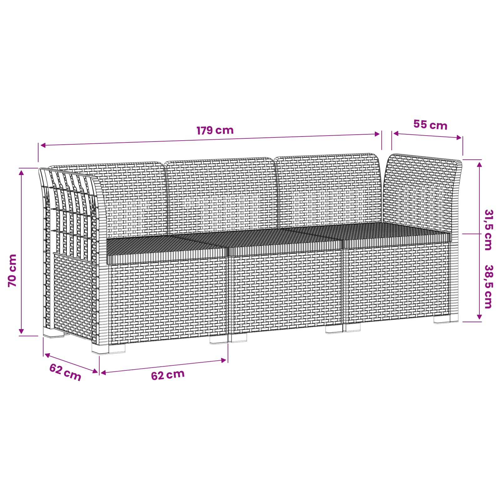 vidaXL 3-Zits Tuin Sofa Rattan Look PP Antraciet