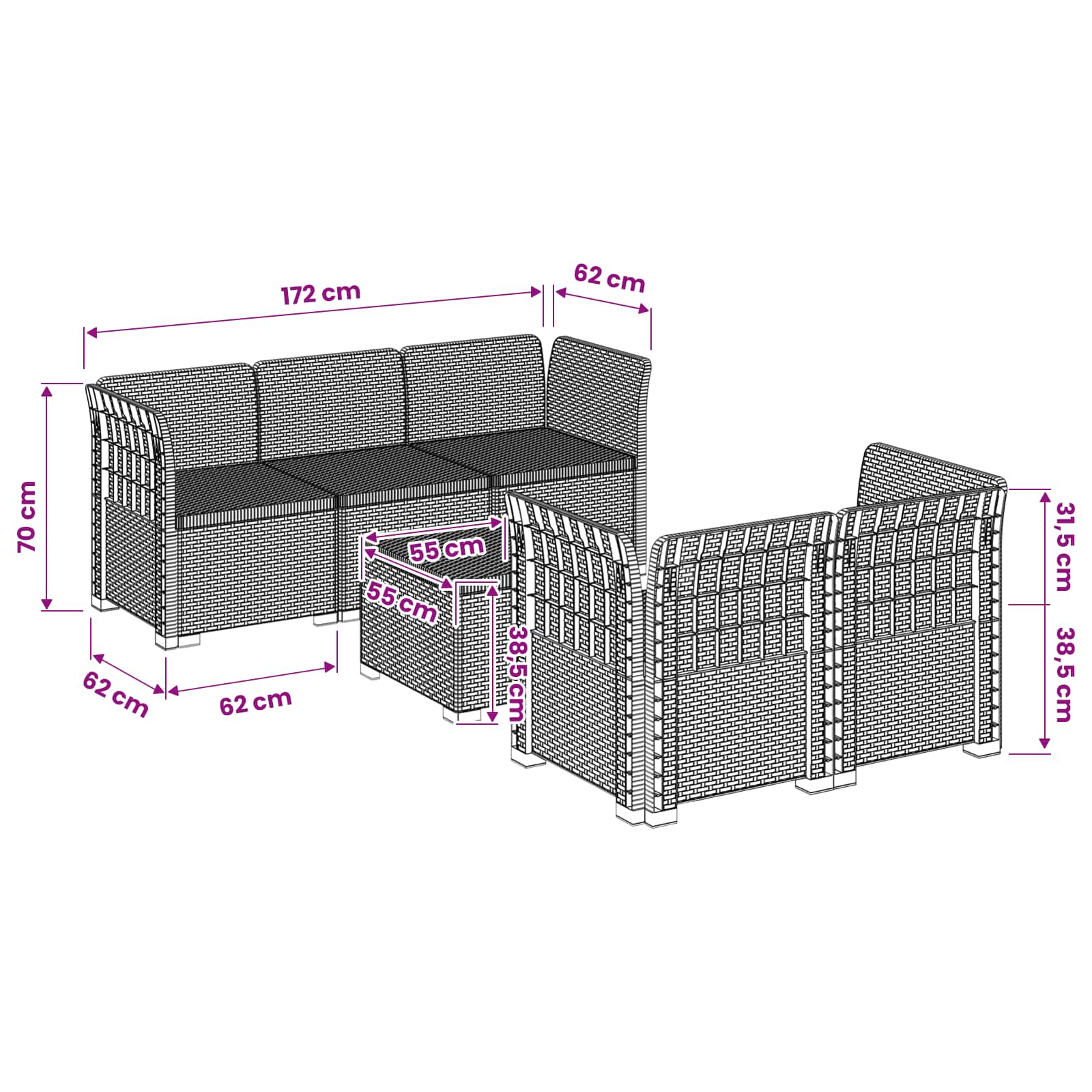 vidaXL 5-Zits Tuin Sofa Rattan Look PP Antraciet