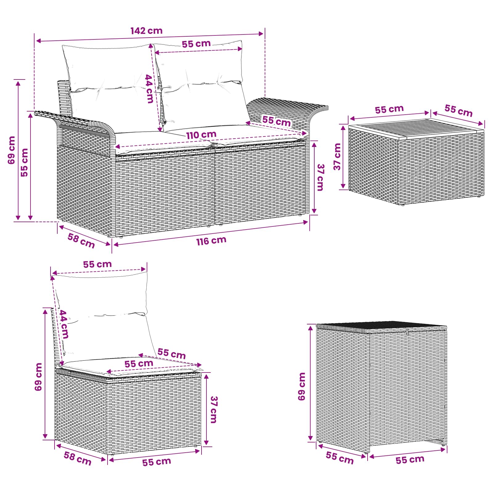 vidaXL Bankstel 6 pcs 4-Aantal zitplaatsen Zwart Poly Rattan en Staal