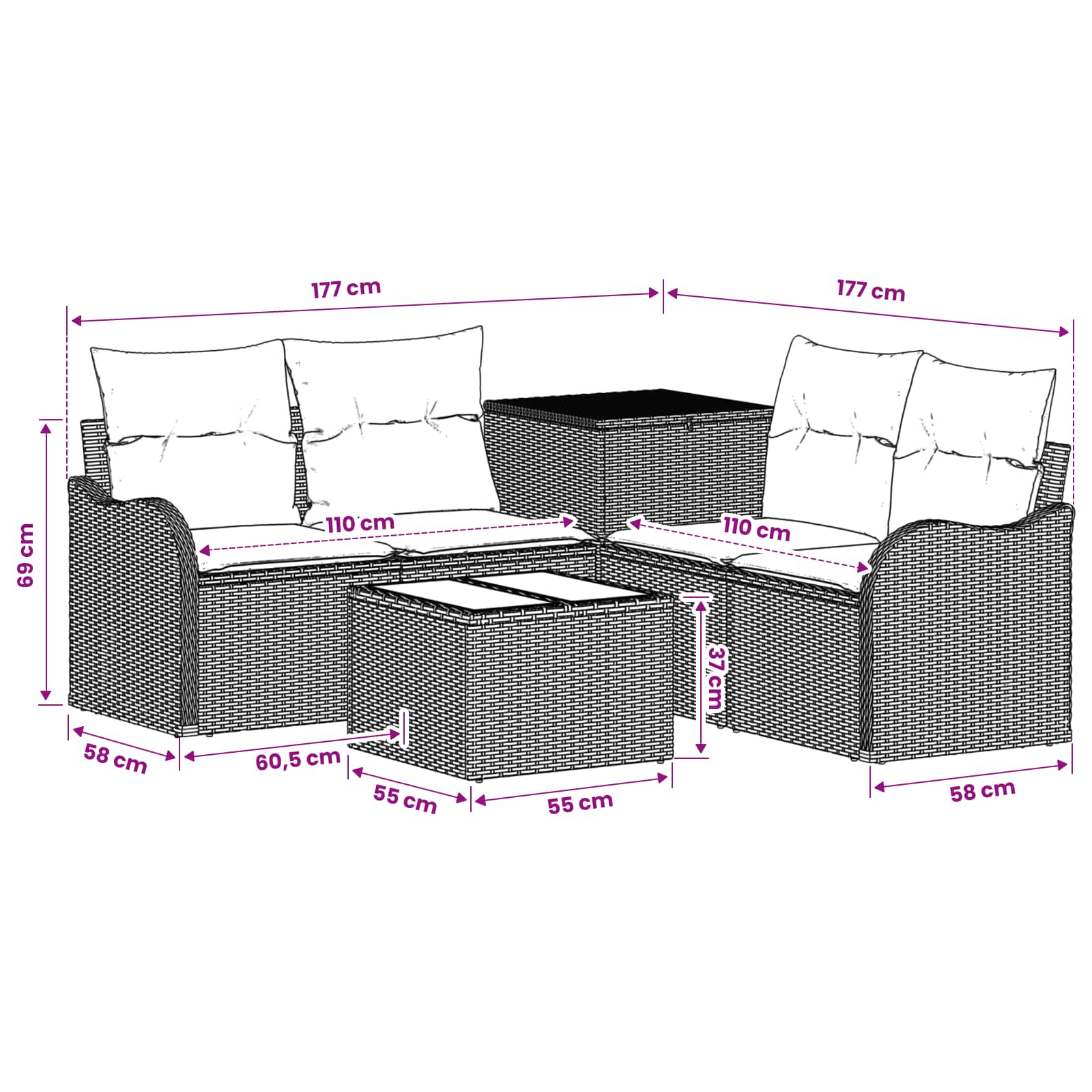 vidaXL Bankstel 6 st Zwart Poly Rattan en Staal