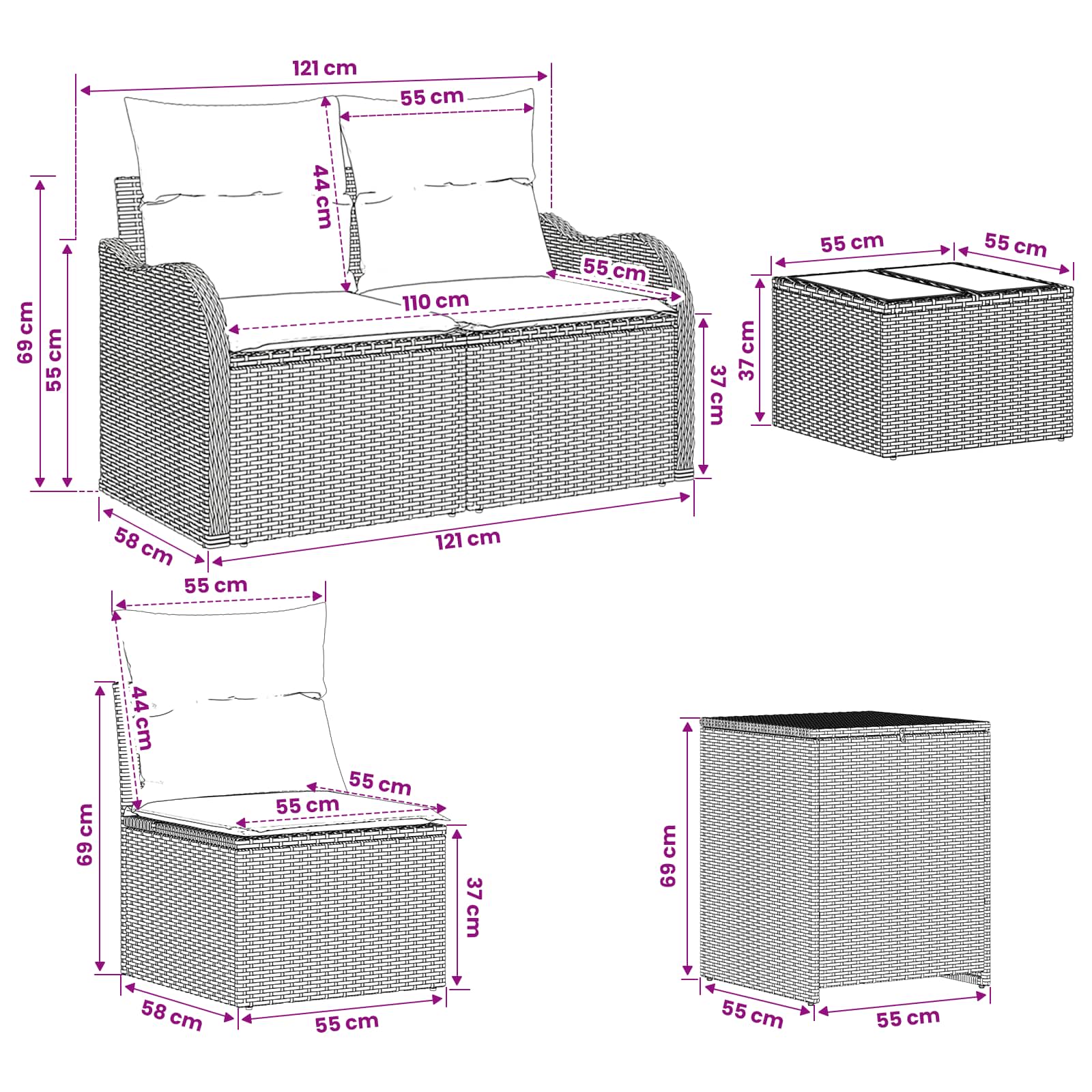 vidaXL Bankstel 6 st Zwart Poly Rattan en Staal