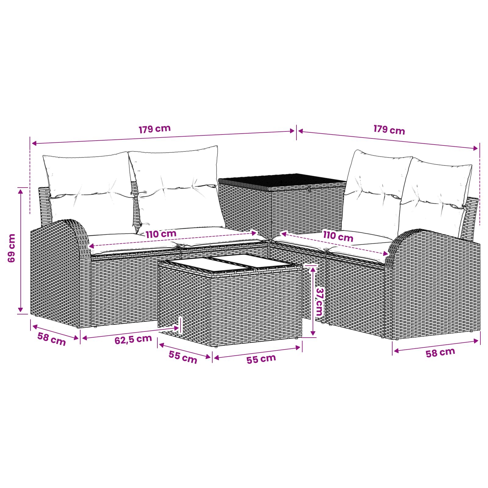 vidaXL Bankstel 6 st Zwart Poly Rattan en Staal