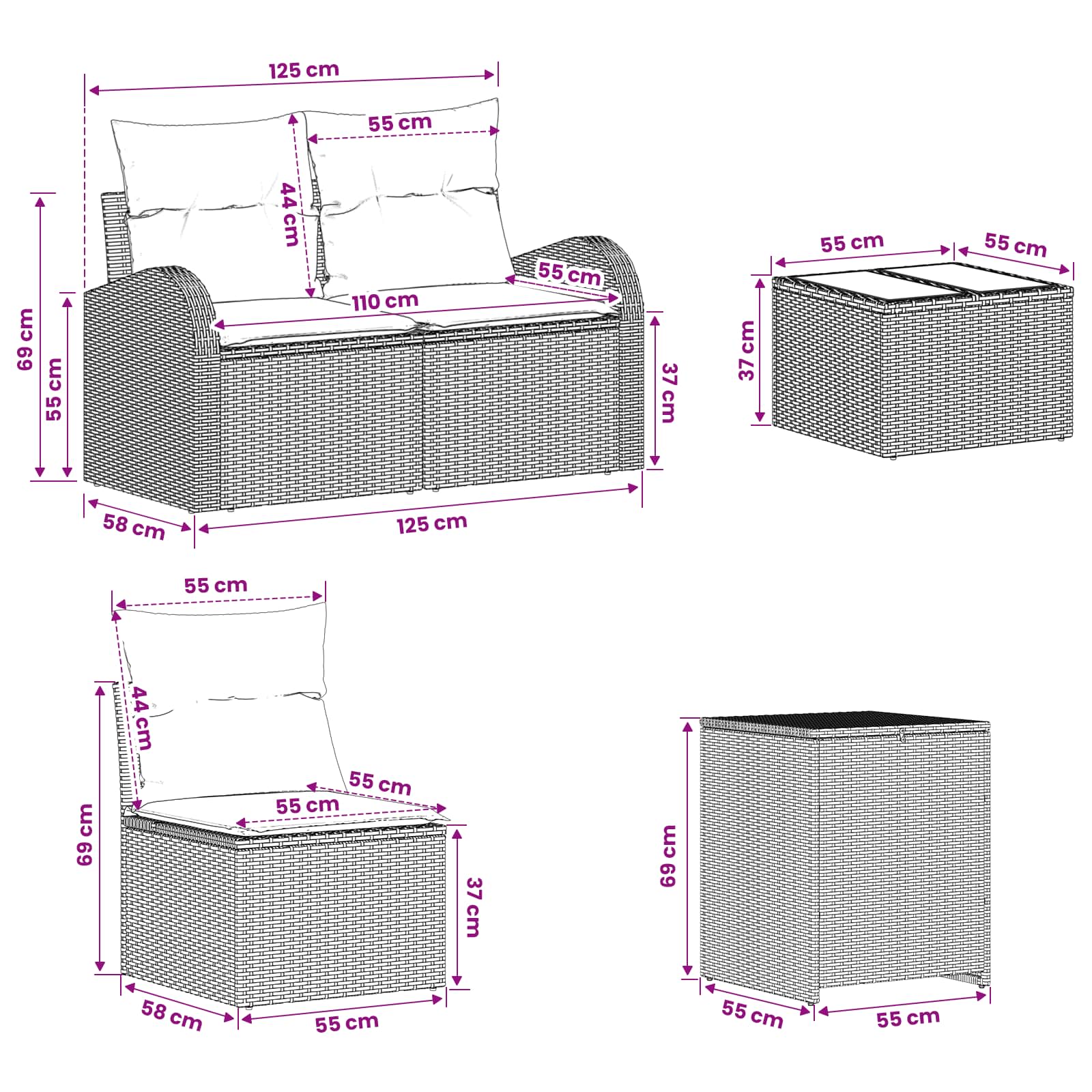 vidaXL Bankstel 6 st Zwart Poly Rattan en Staal