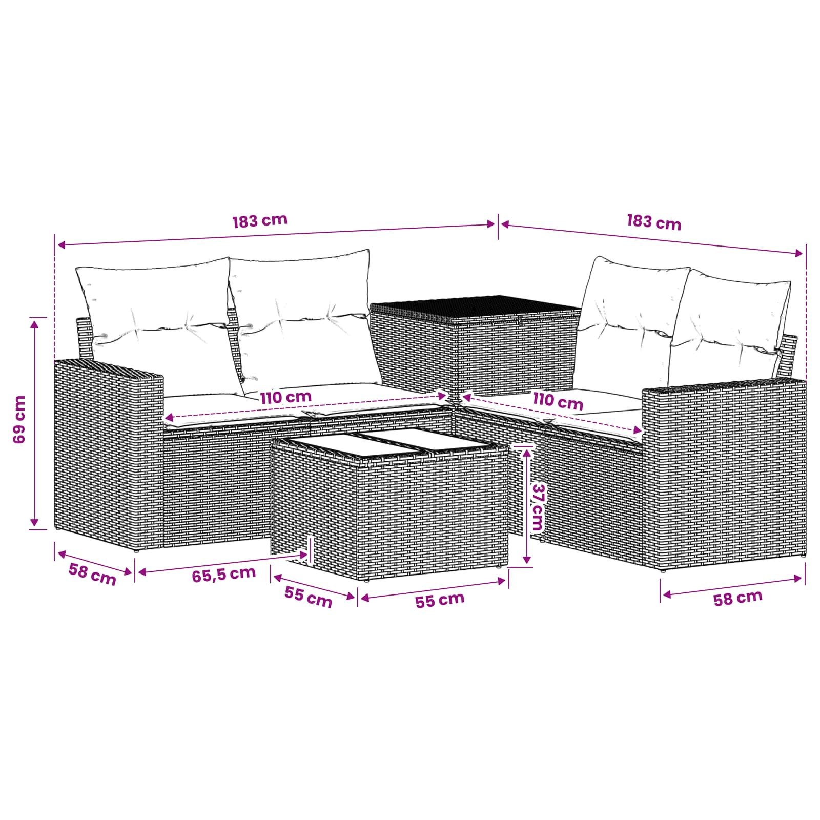 vidaXL Bankstel 6 st Zwart Poly Rattan en Staal