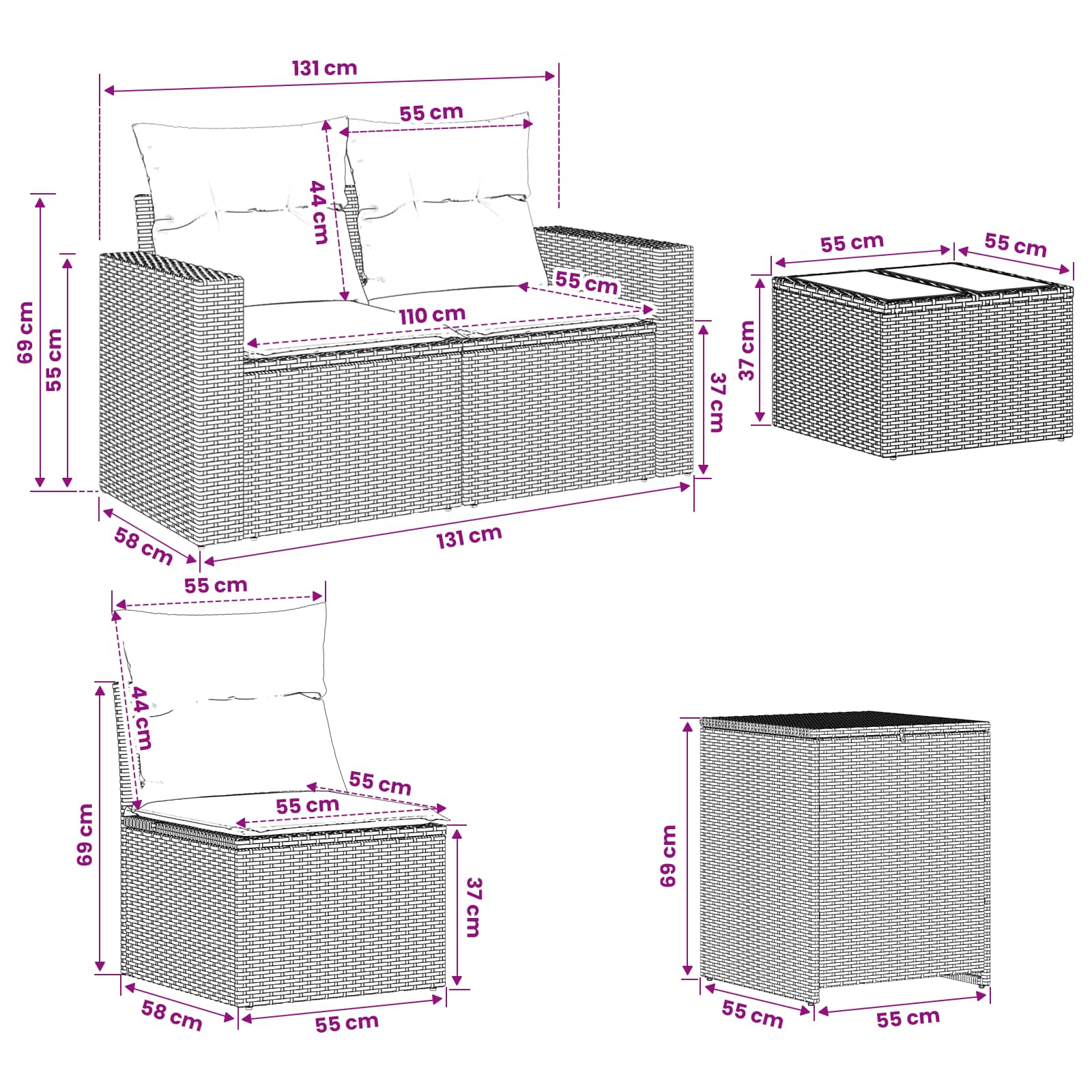 vidaXL Bankstel 6 st Zwart Poly Rattan en Staal