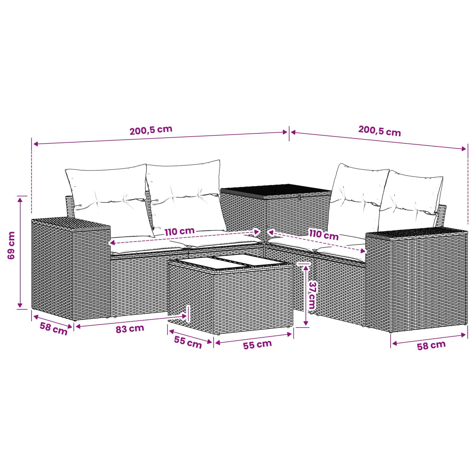 vidaXL Bankstel 6 st Zwart Poly Rattan en Staal
