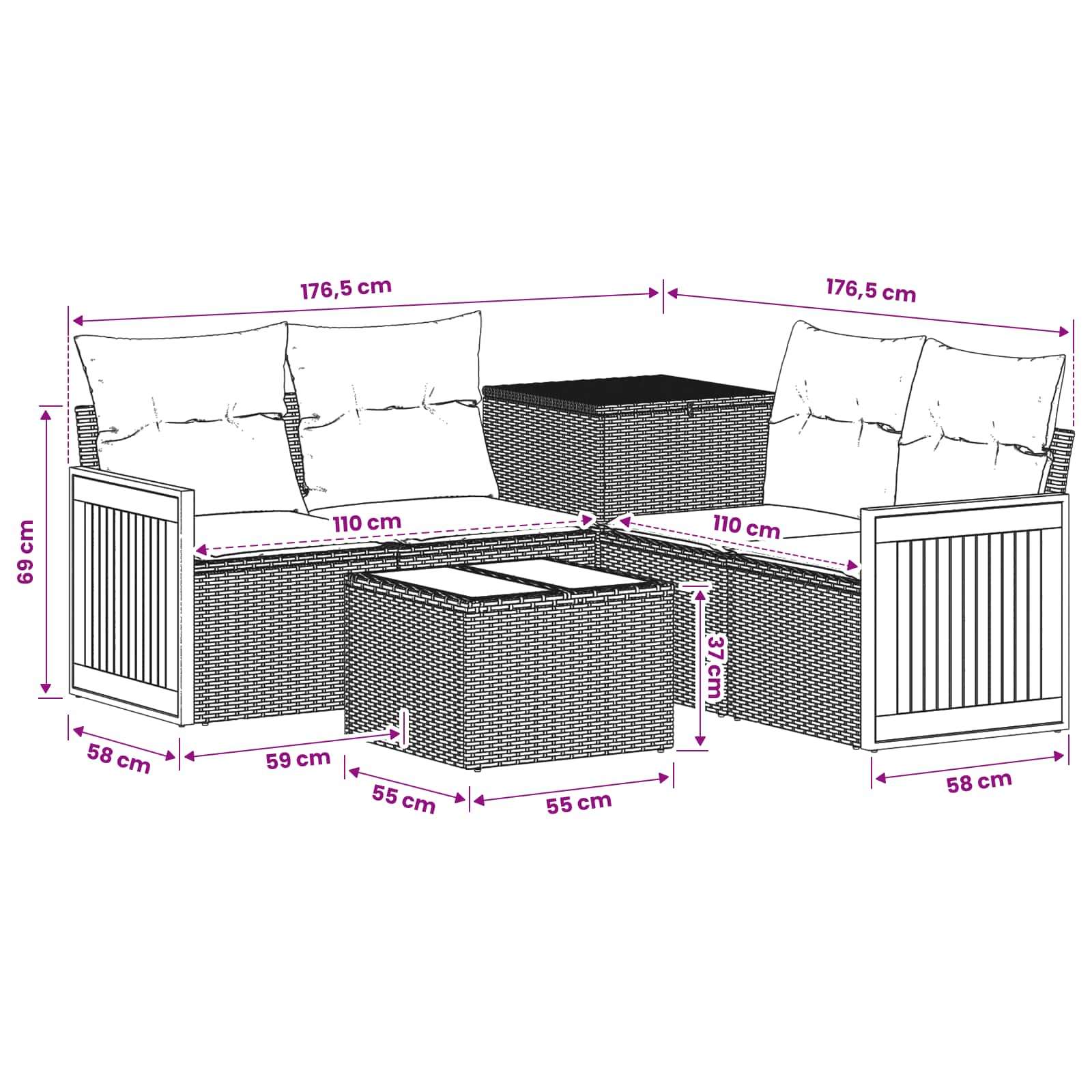vidaXL Bankstel 6 st Zwart Poly Rattan en Staal