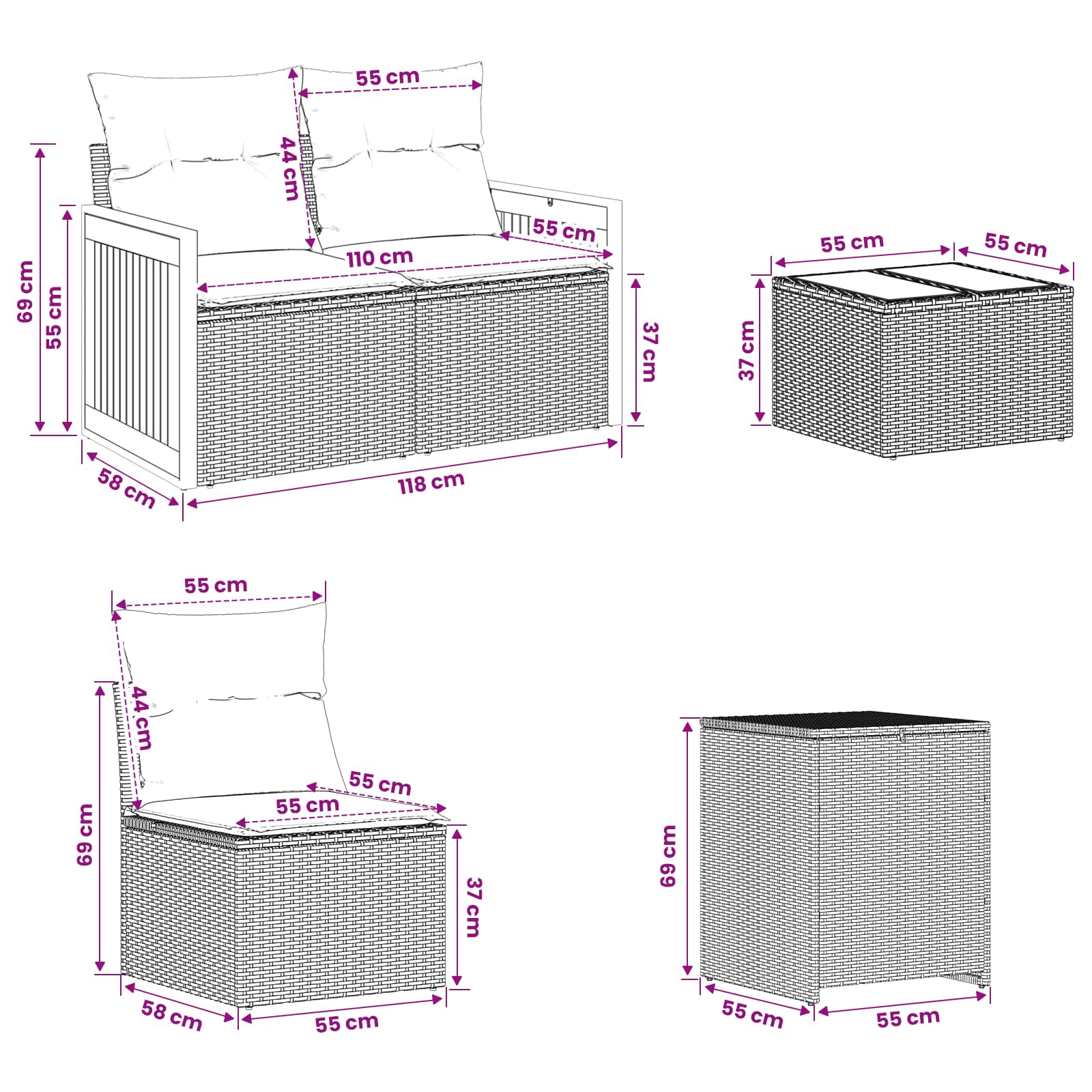 vidaXL Bankstel 6 st Zwart Poly Rattan en Staal
