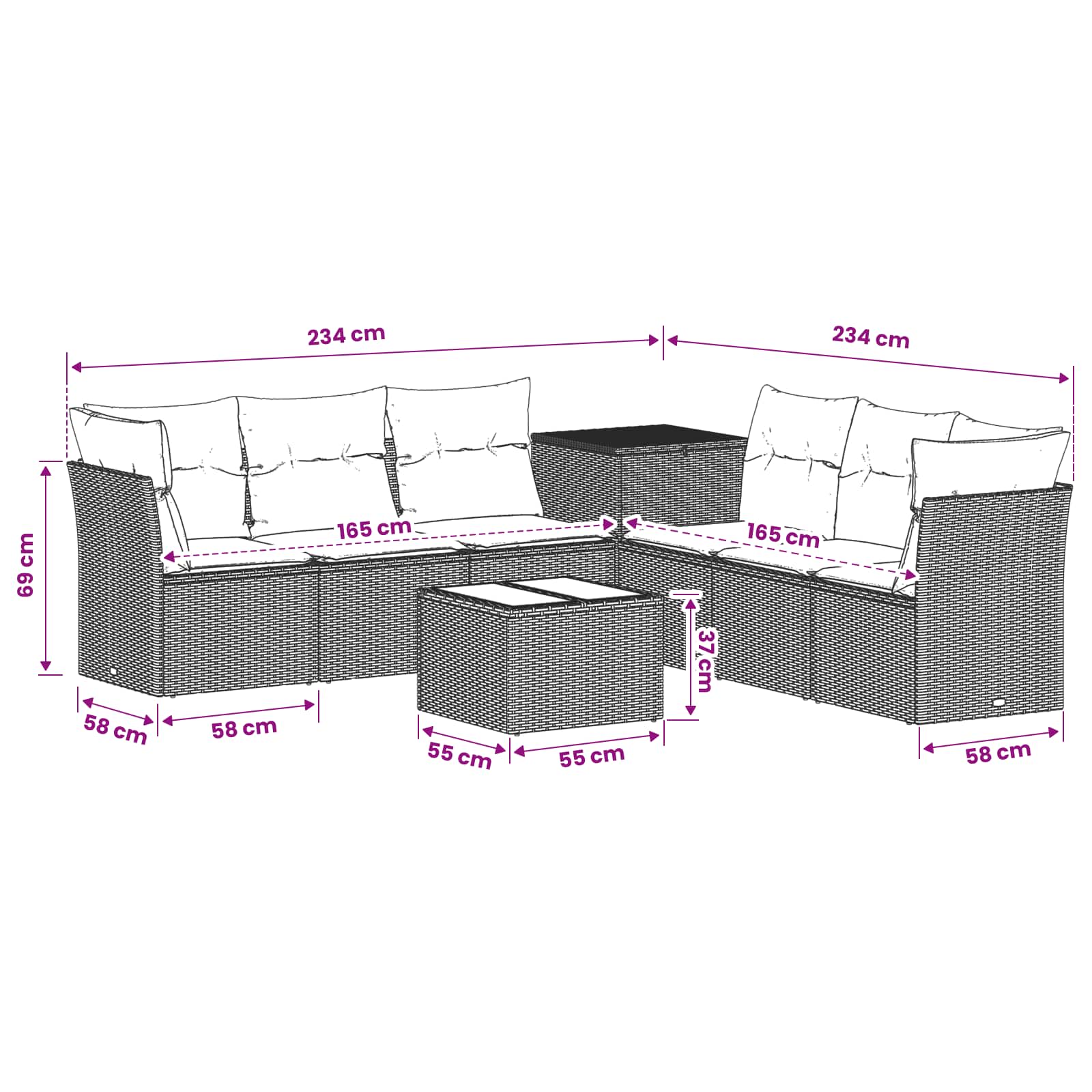 vidaXL Bankstel 8 st Zwart Poly Rattan en Staal