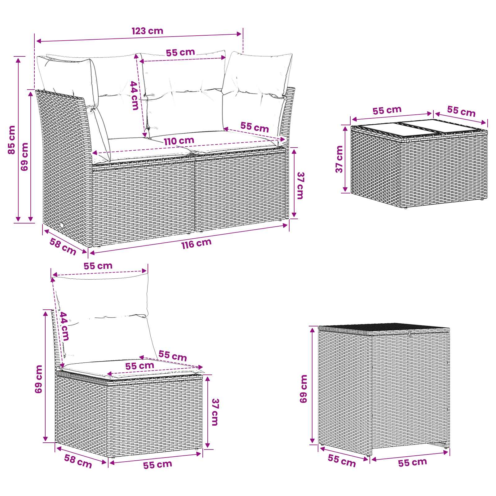 vidaXL Bankstel 8 st Zwart Poly Rattan en Staal