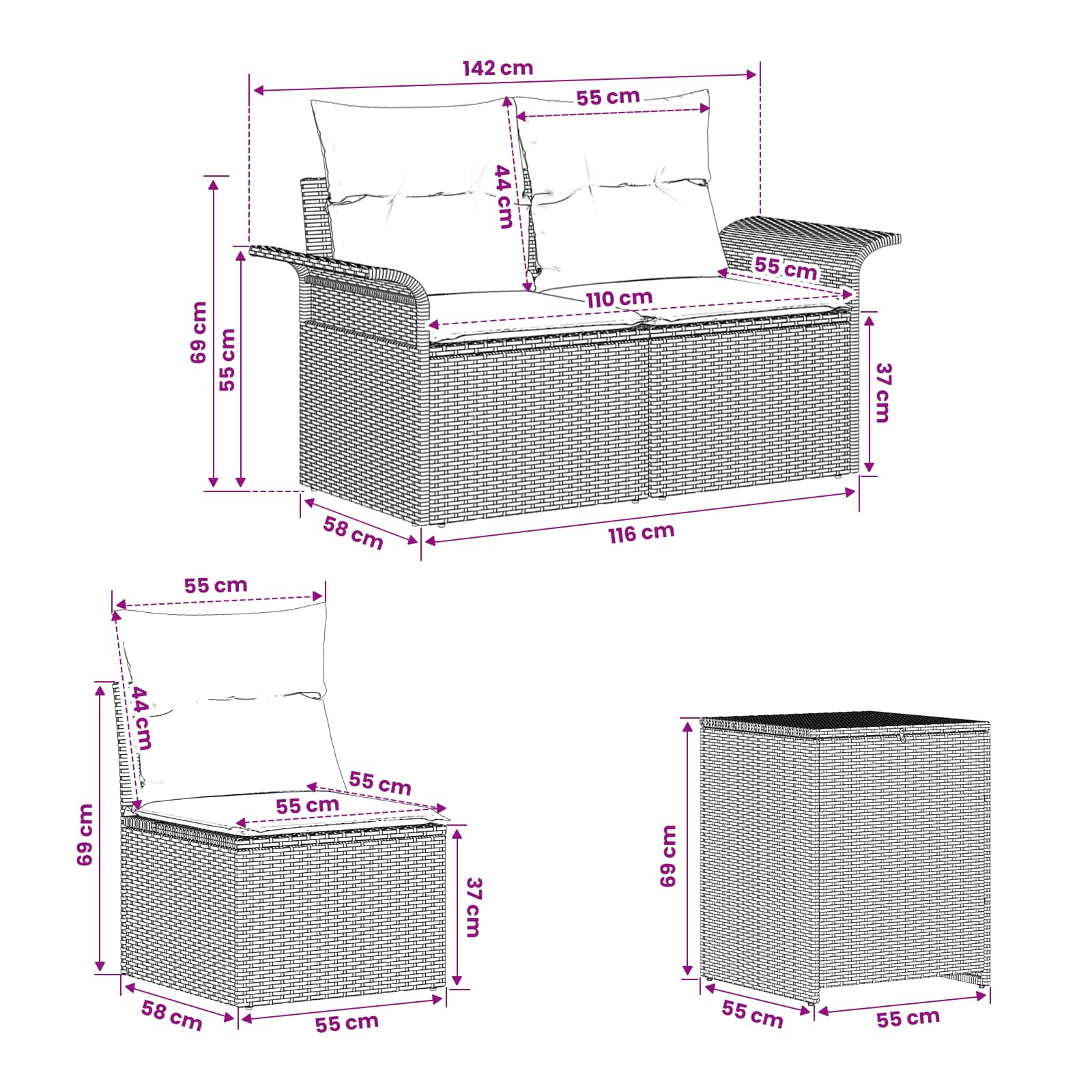vidaXL Bankstel 7 st Zwart Poly Rattan en Staal