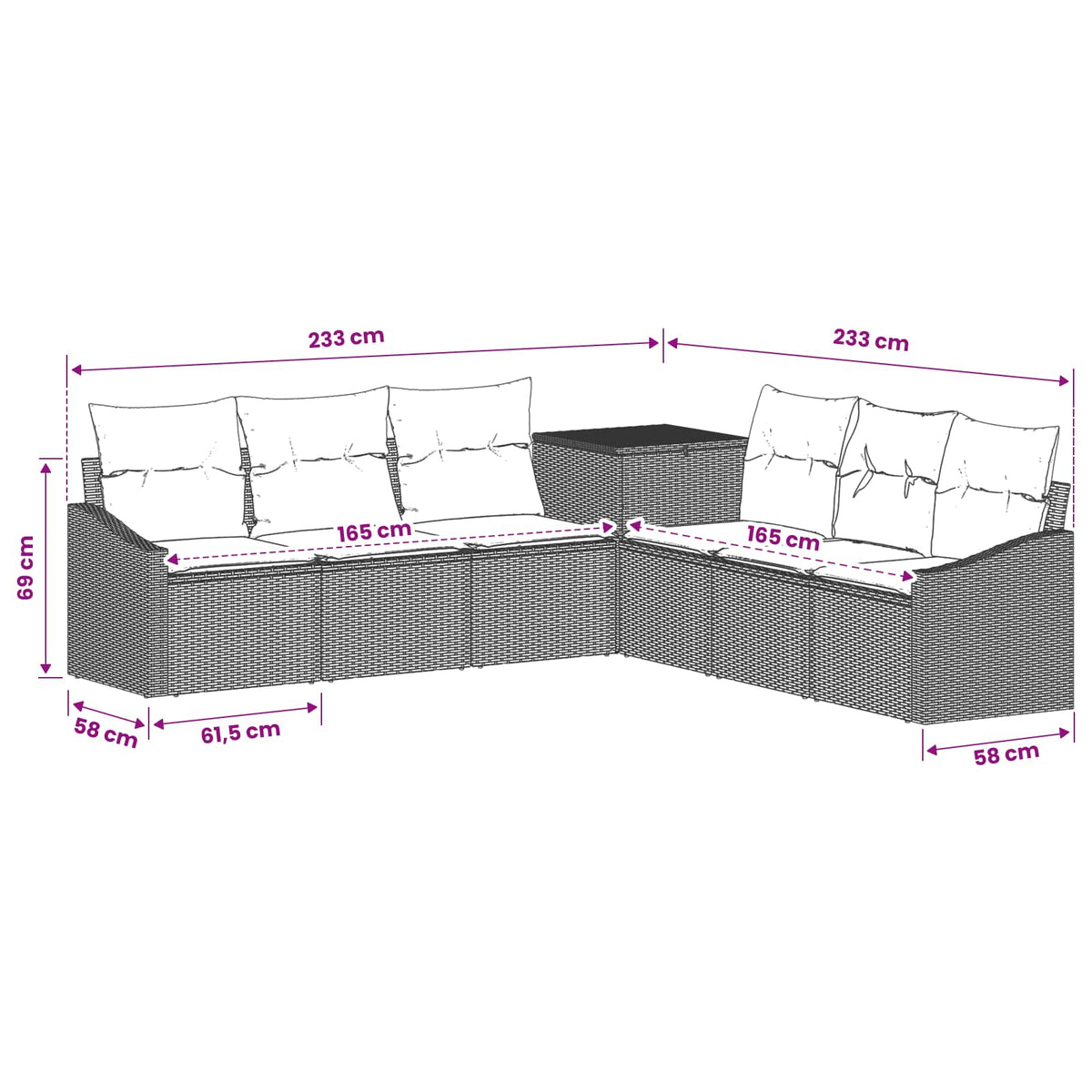 vidaXL Bankstel 7 pcs Zwart Poly Rattan en Staal