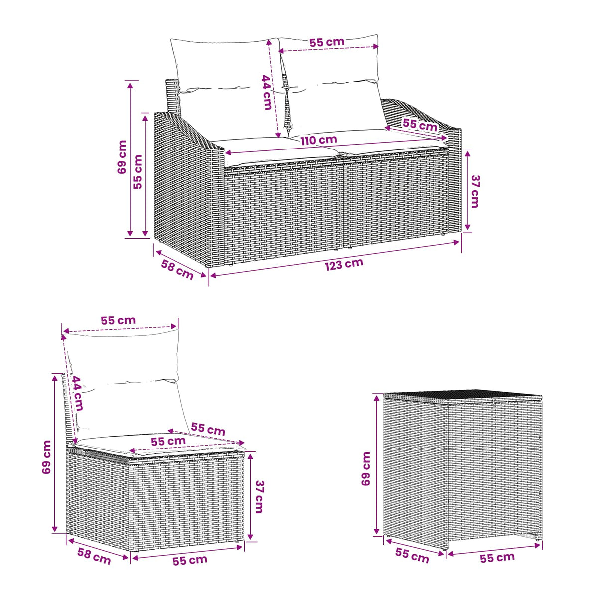 vidaXL Bankstel 7 pcs Zwart Poly Rattan en Staal