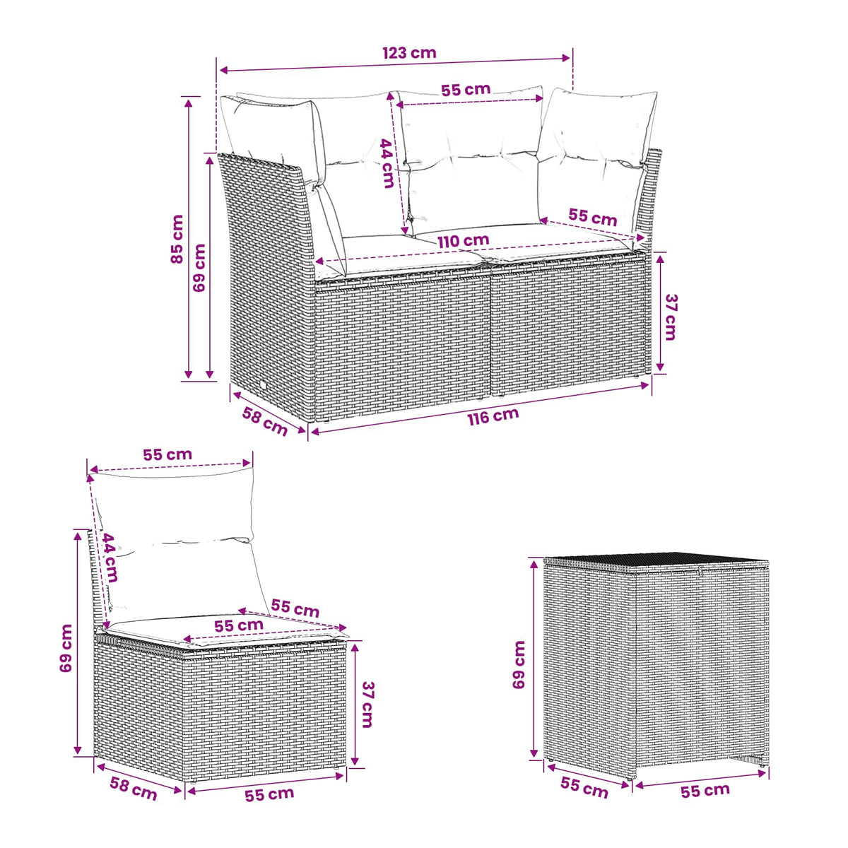vidaXL Bankstel 7 pcs Zwart Poly Rattan en Staal