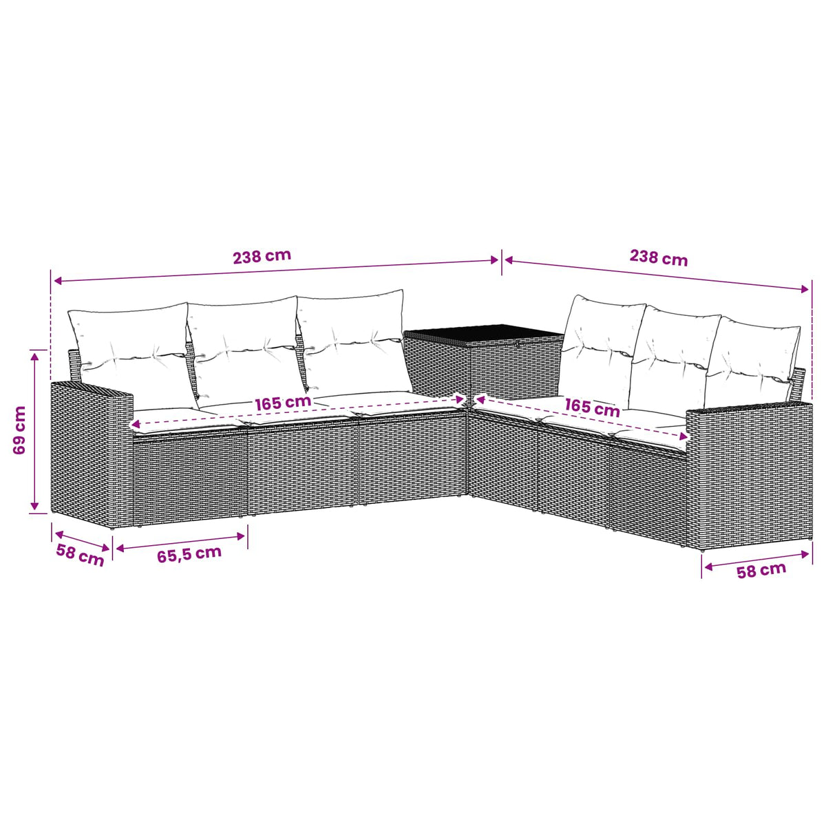 vidaXL Bankstel 7 pcs Zwart Poly Rattan en Staal