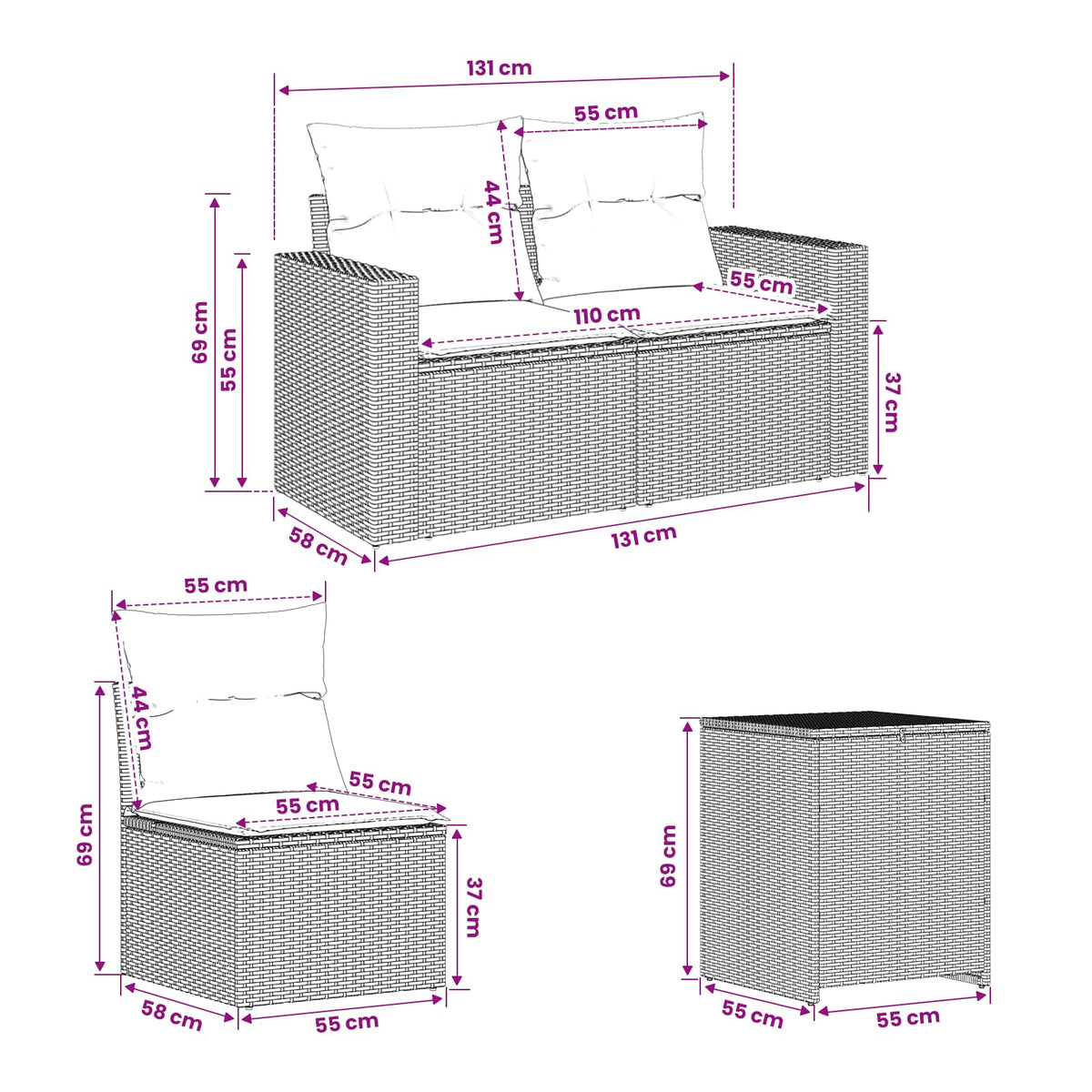 vidaXL Bankstel 7 pcs Zwart Poly Rattan en Staal