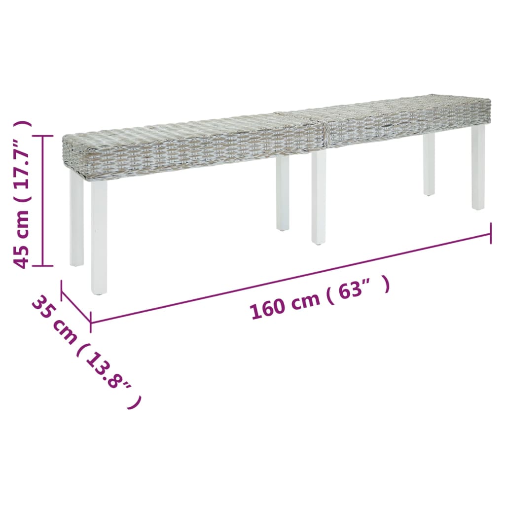 vidaXL Bankje 160x35x45 cm natuurlijk kubu rattan en mahoniehout wit