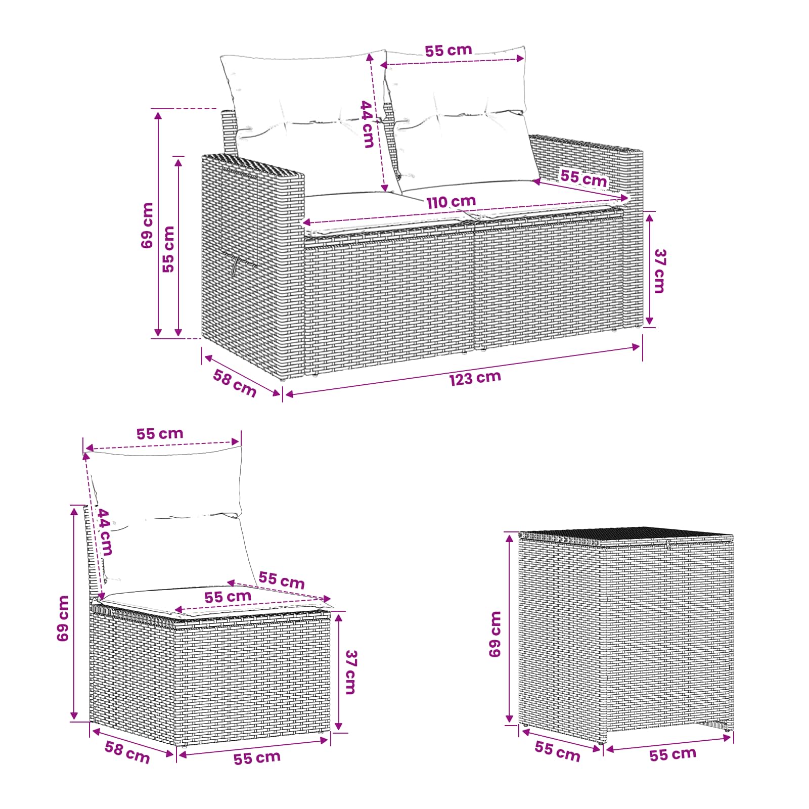 vidaXL Bankstel 7 pcs Zwart Poly Rattan en Staal