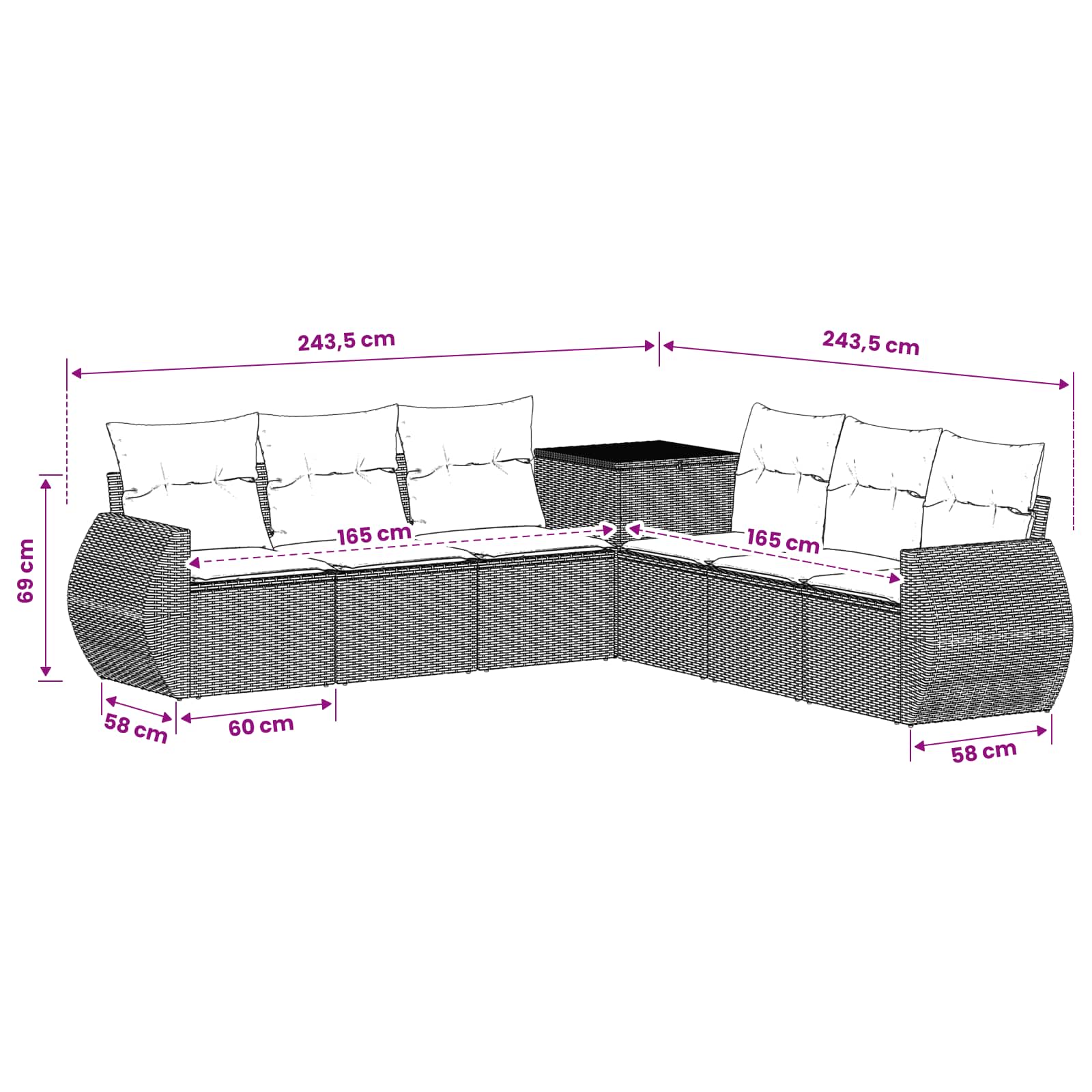vidaXL Bankstel 7 pcs Zwart Poly Rattan en Staal