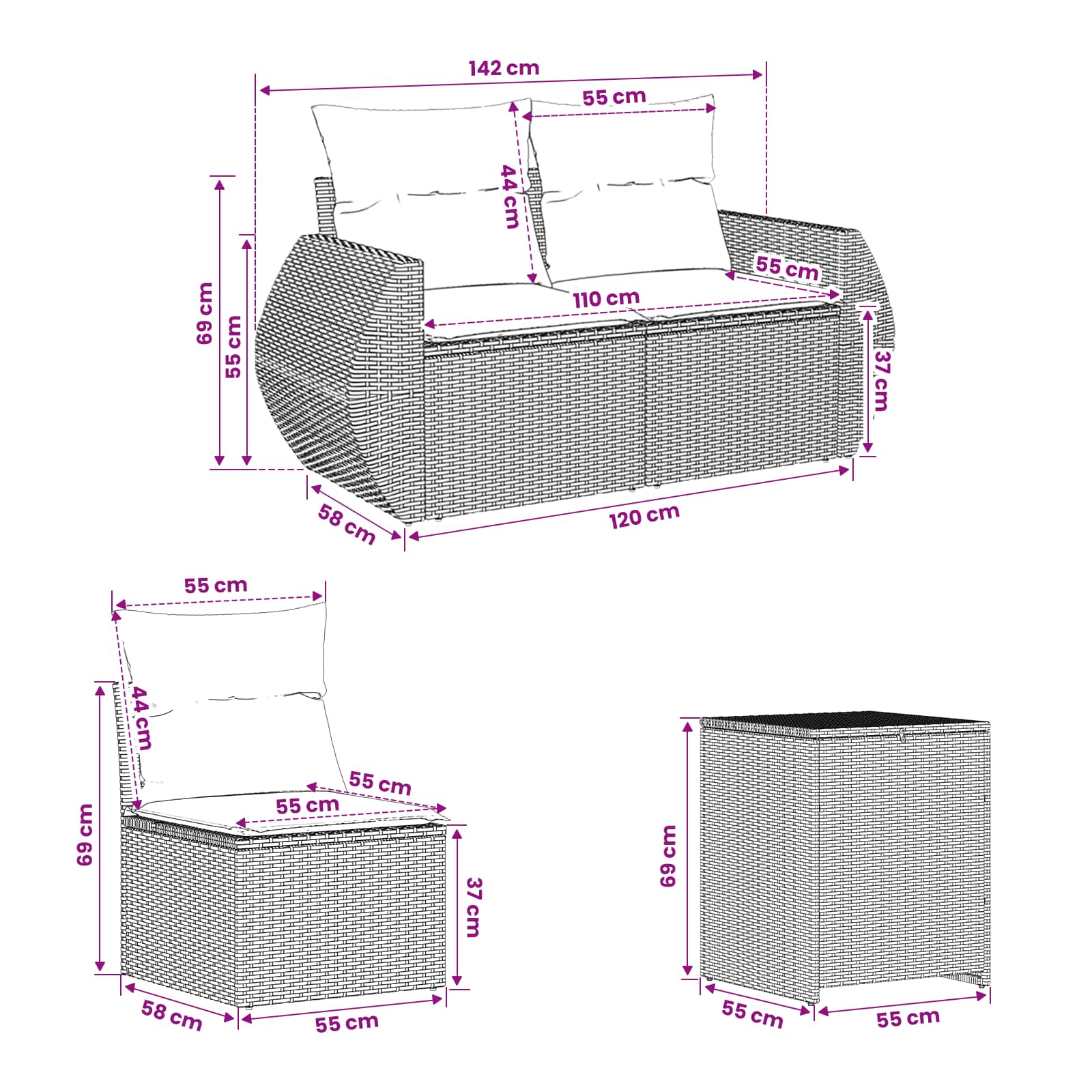 vidaXL Bankstel 7 pcs Zwart Poly Rattan en Staal