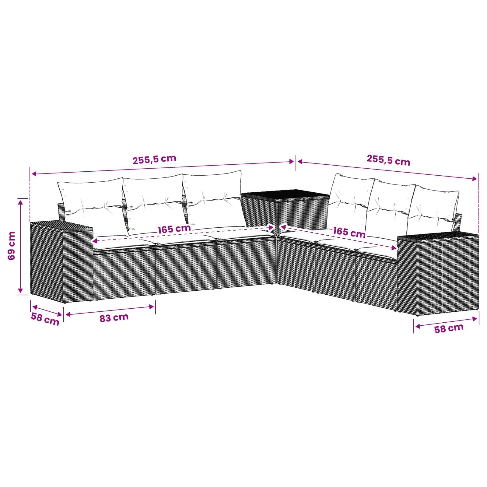 vidaXL Bankstel 7 pcs Zwart Poly Rattan en Staal