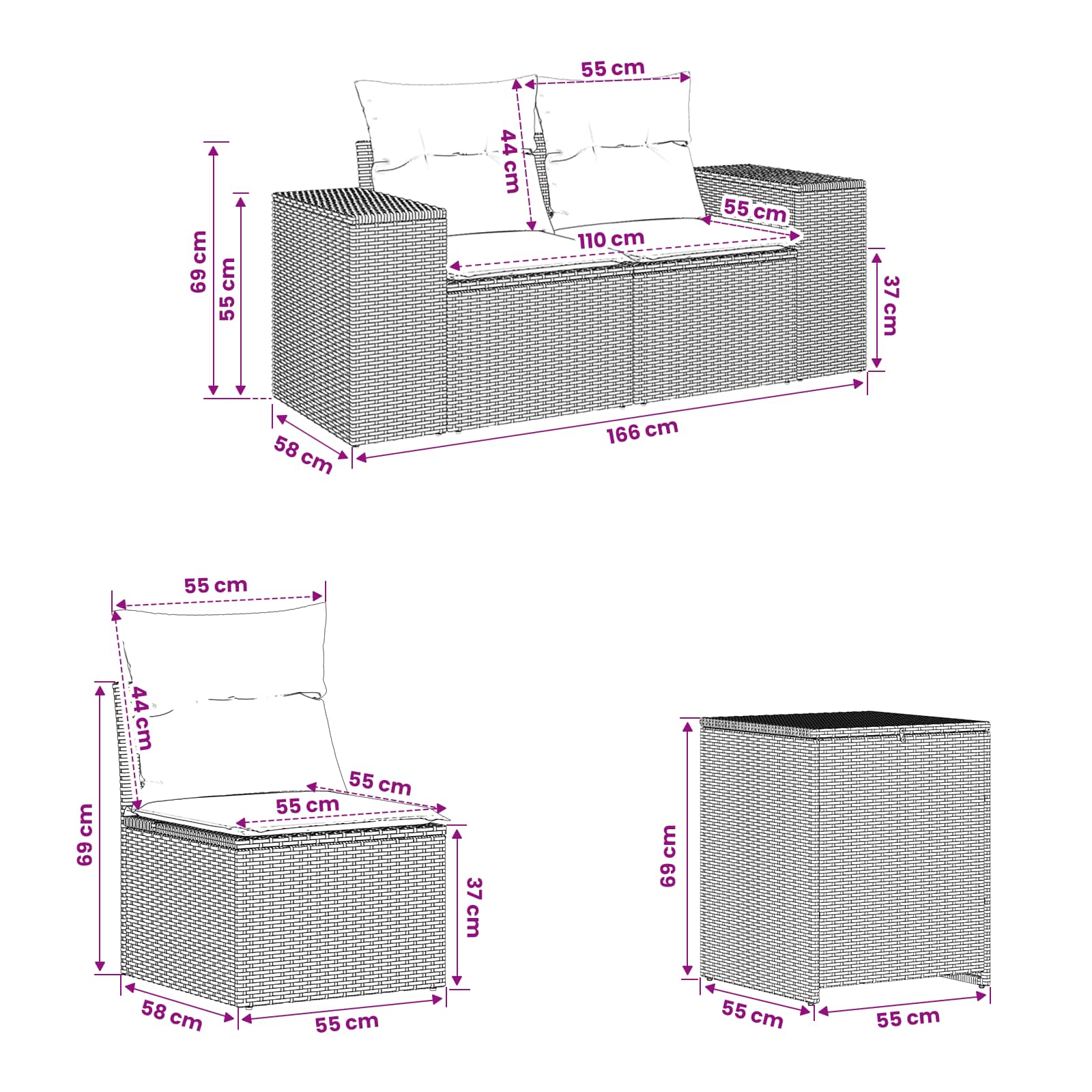 vidaXL Bankstel 7 pcs Zwart Poly Rattan en Staal