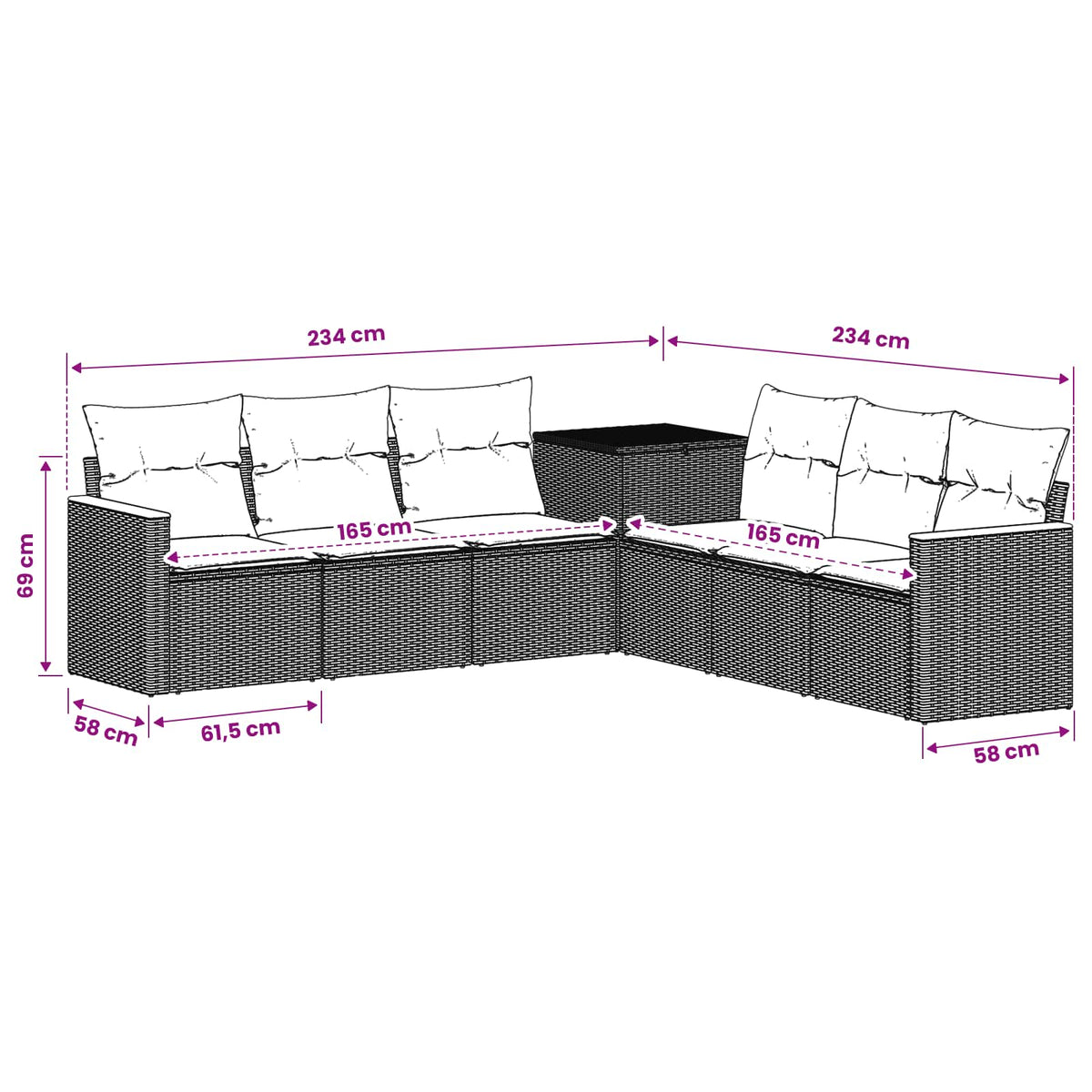 vidaXL Bankstel 7 pcs Zwart Poly Rattan en Staal