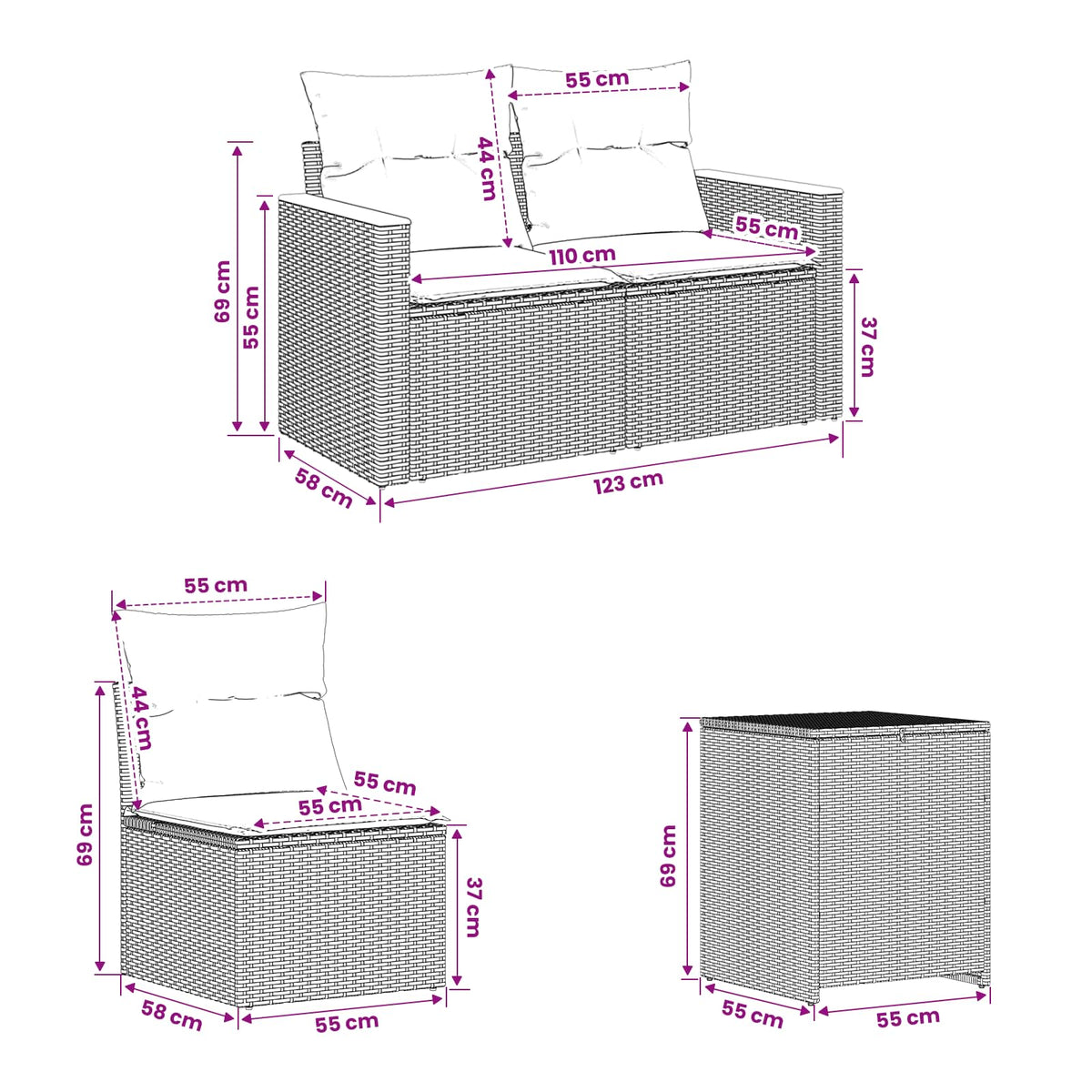 vidaXL Bankstel 7 pcs Zwart Poly Rattan en Staal