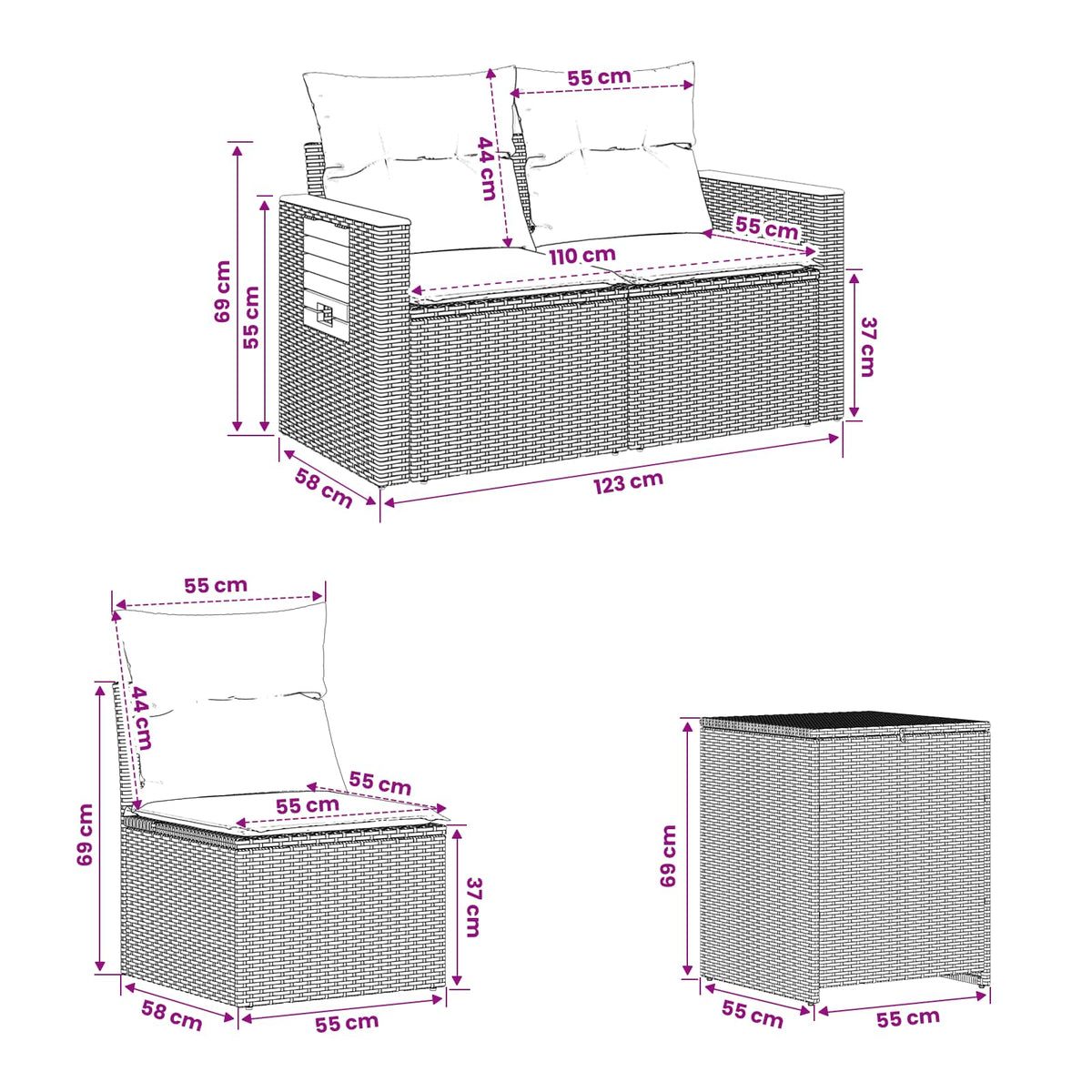 vidaXL Bankstel 7 pcs Zwart Poly Rattan en Staal