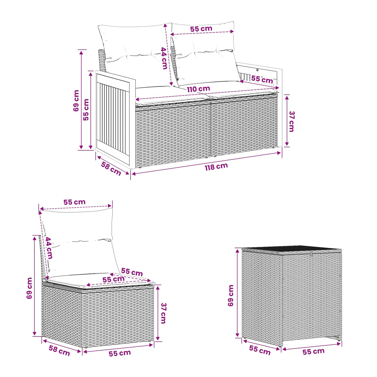 vidaXL Bankstel 7 pcs Zwart Poly Rattan en Staal