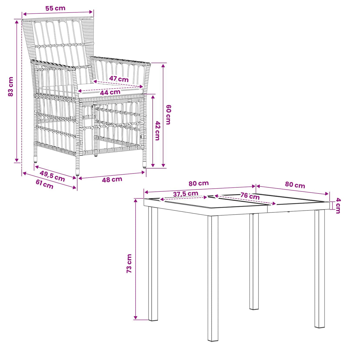 vidaXL Buiten eettafelset 3 st Zwart poly rattan