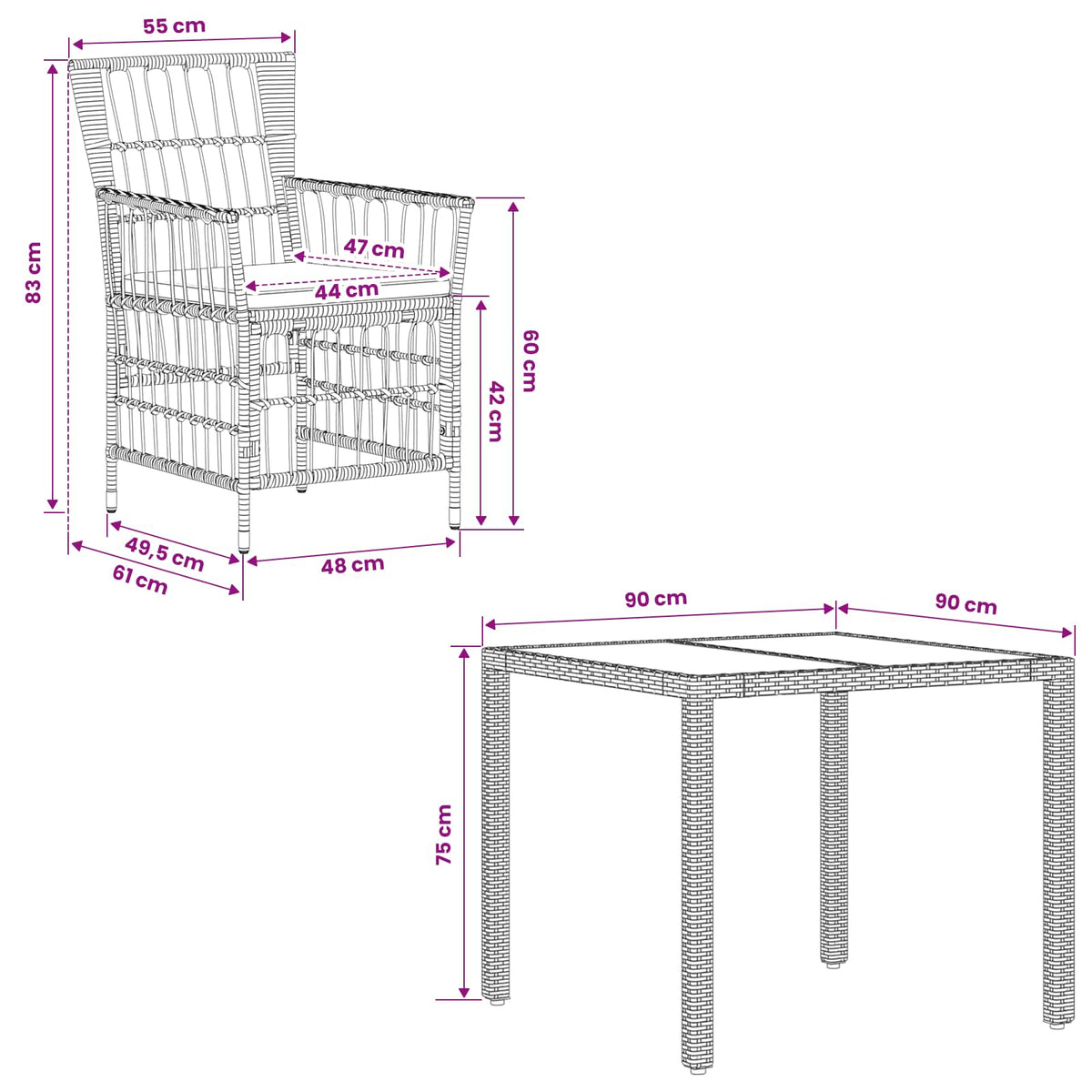 vidaXL Buiten eettafelset 3 st Zwart poly rattan