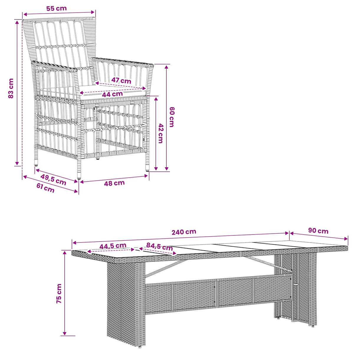 vidaXL Buiten eettafelset 9 st Zwart poly rattan