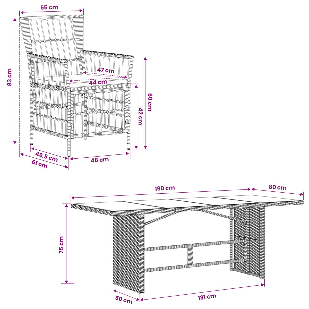 vidaXL Buiten eettafelset 7 st Zwart poly rattan
