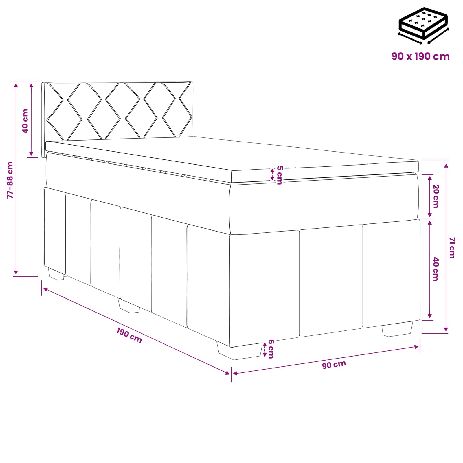 vidaXL Boxspring Bed met Matras en LED Donkergrijs 90 x 190 cm Stof