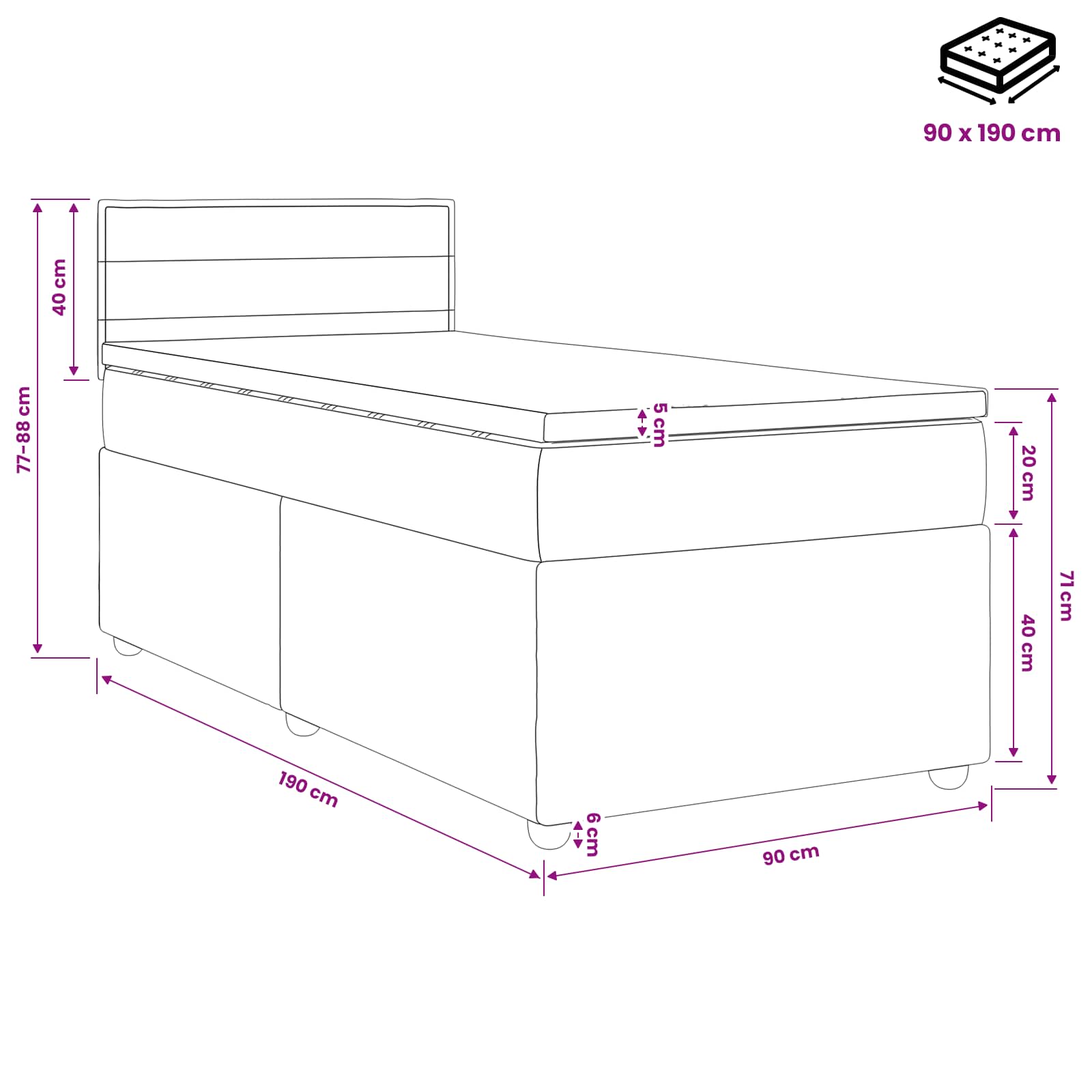 vidaXL Boxspring Bed met Matras en LED Lichtgrijs 90 x 190 cm Stof