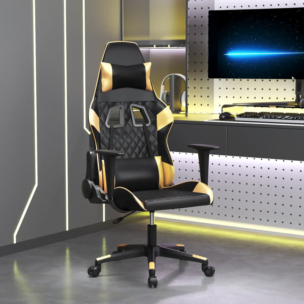 vidaXL Massage Gaming Chair with Footrest Faux Leather Black and Gold