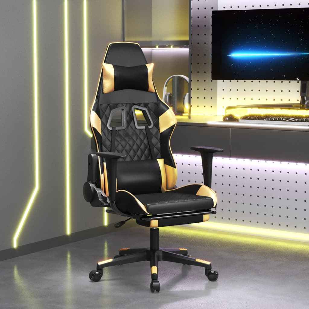 vidaXL Massage gamestoel met voetensteun kunstleer zwart & goudkleurig