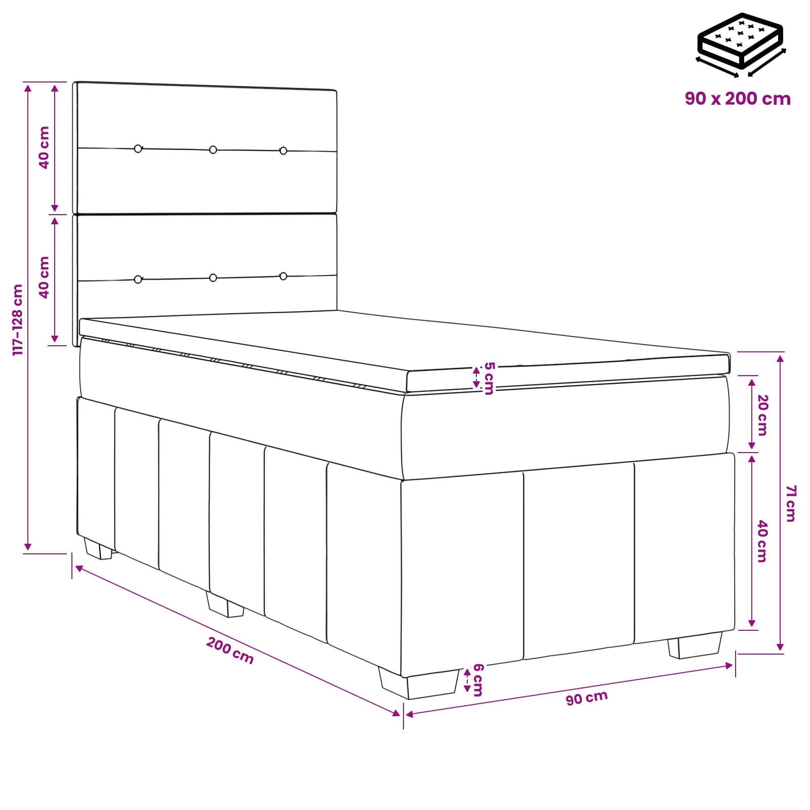 vidaXL LED Boxspring Bed met Matras Donkergrijs 90 x 190 cm Stof
