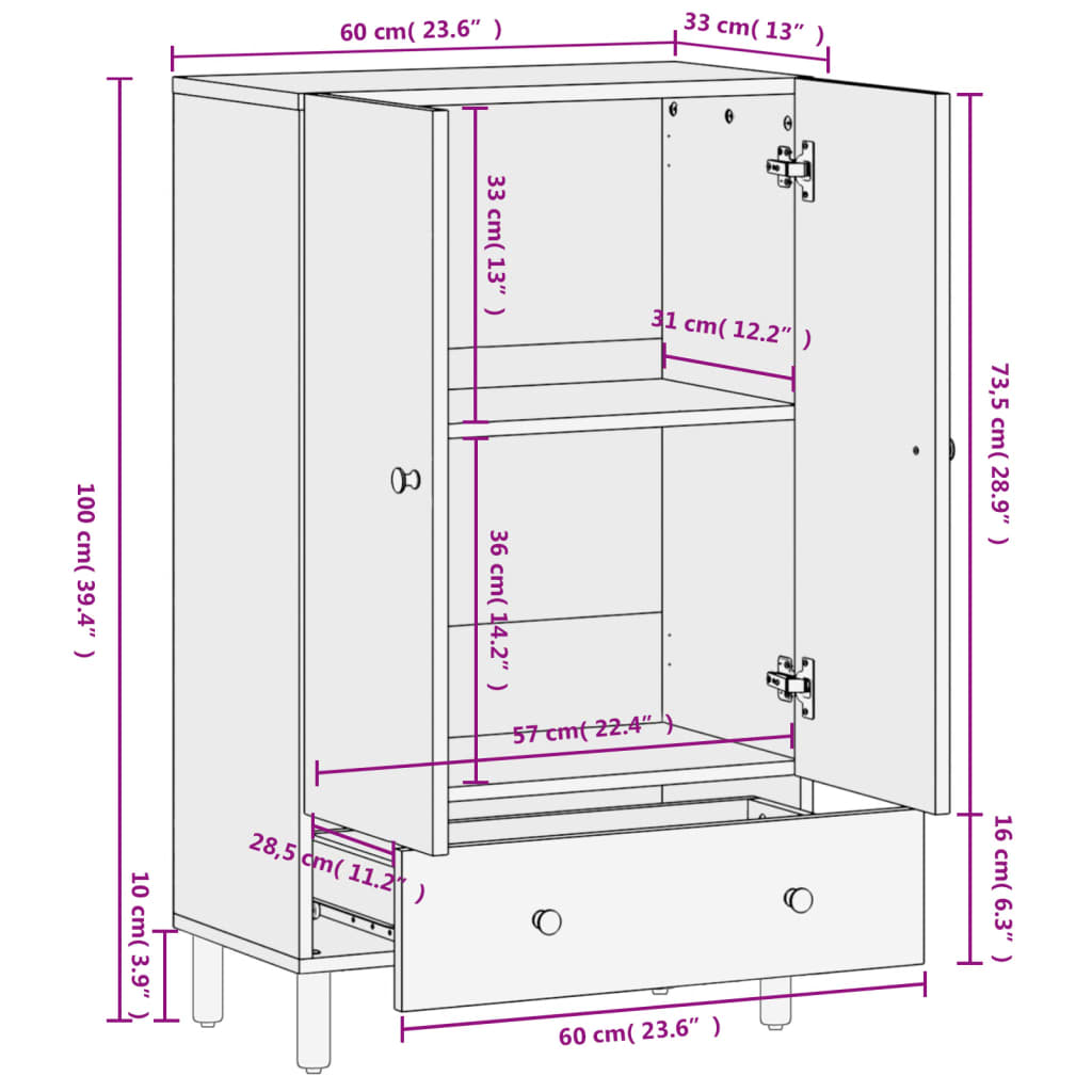 vidaXL Hoge kast 60x33x100 cm massief acaciahout