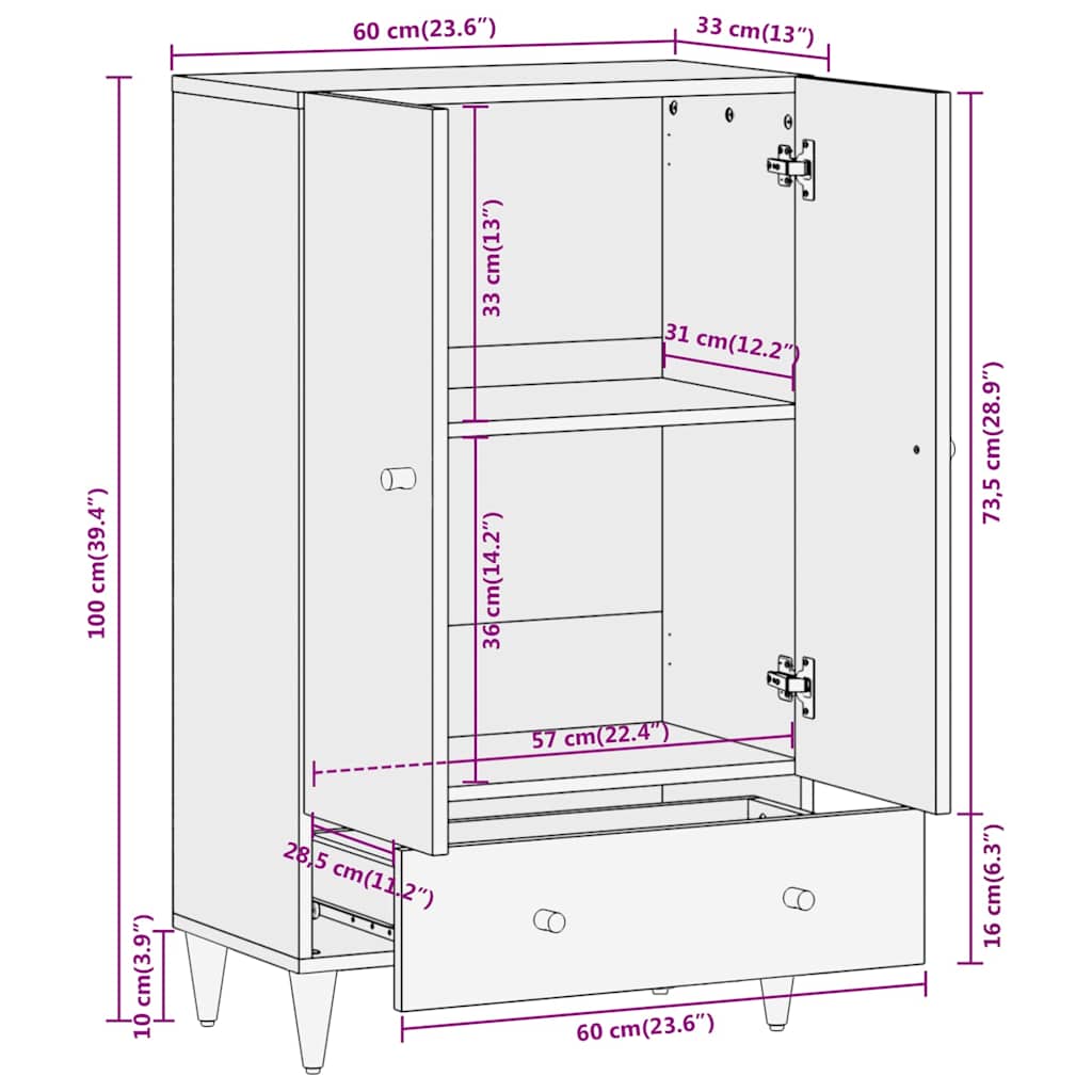 vidaXL Hoge kast 60x33x100 cm massief mangohout