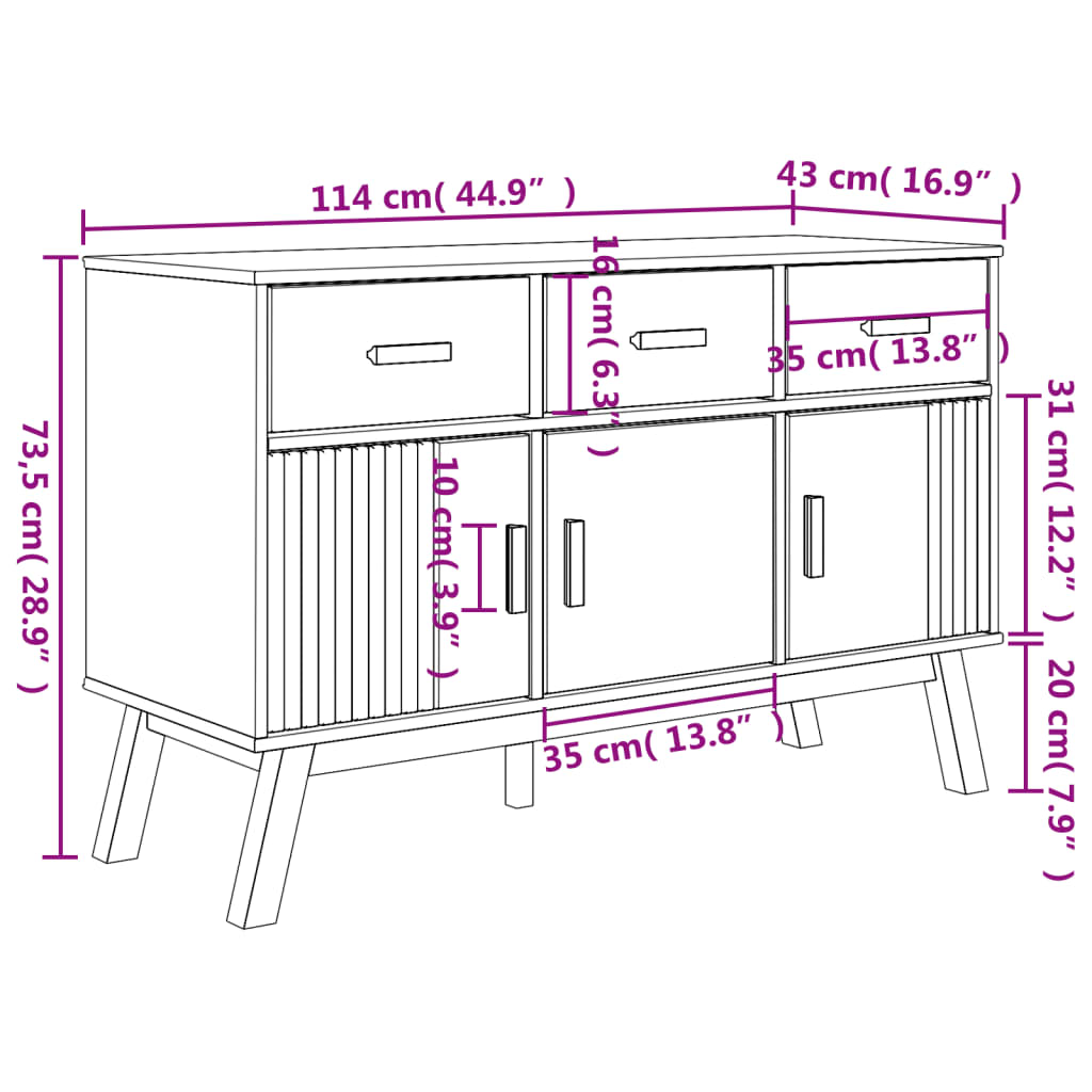 vidaXL Dressoir OLDEN 114x43x73,5 cm massief grenenhout grijs en bruin