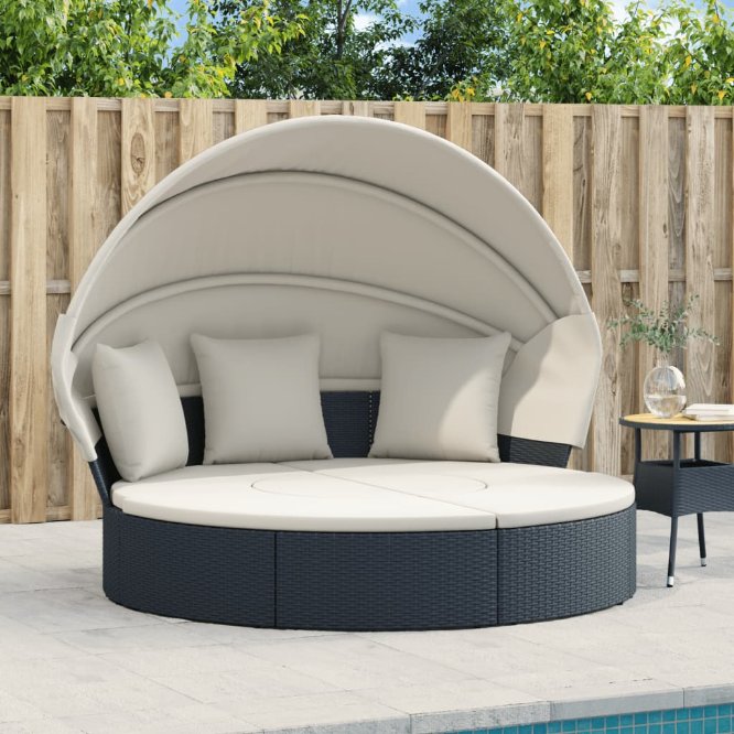 vidaXL Loungebed met luifel en kussens poly rattan grijs - Aashly