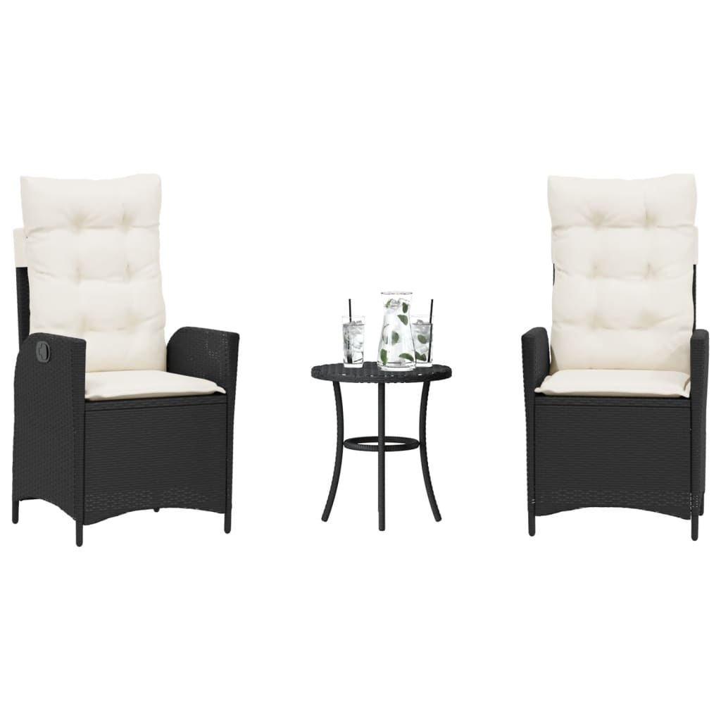 vidaXL 3-delige Bistroset met kussens poly rattan zwart