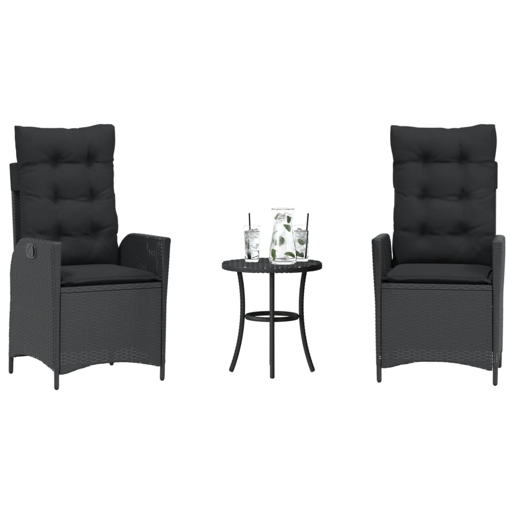 vidaXL 3-delige Bistroset met kussens poly rattan zwart