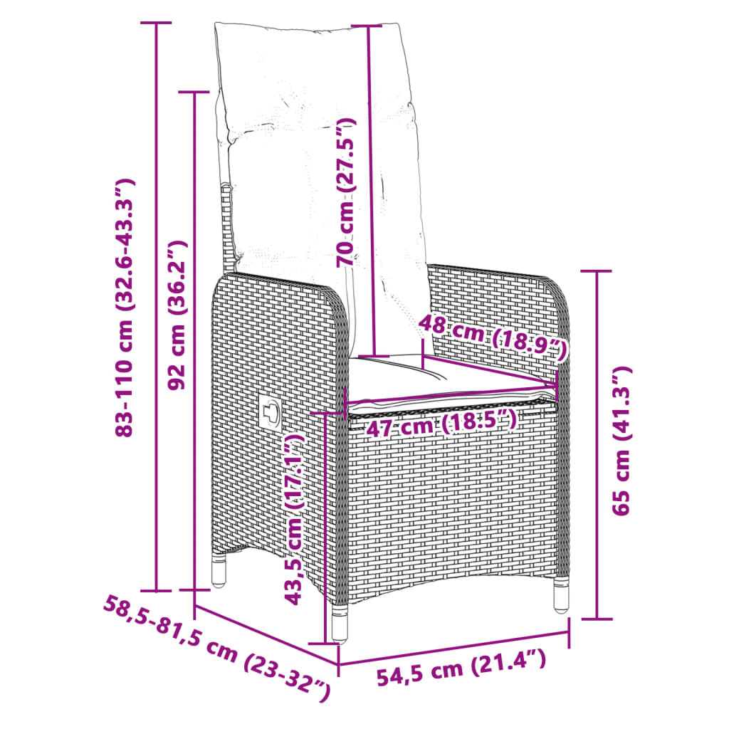 vidaXL Tuinstoelen 2 st verstelbaar met kussens poly rattan grijs
