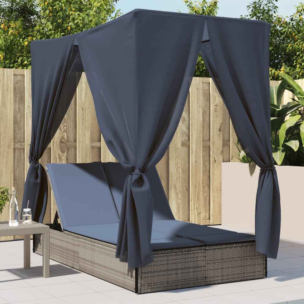vidaXL Ligbed tweepersoons met dak en gordijn poly rattan grijs