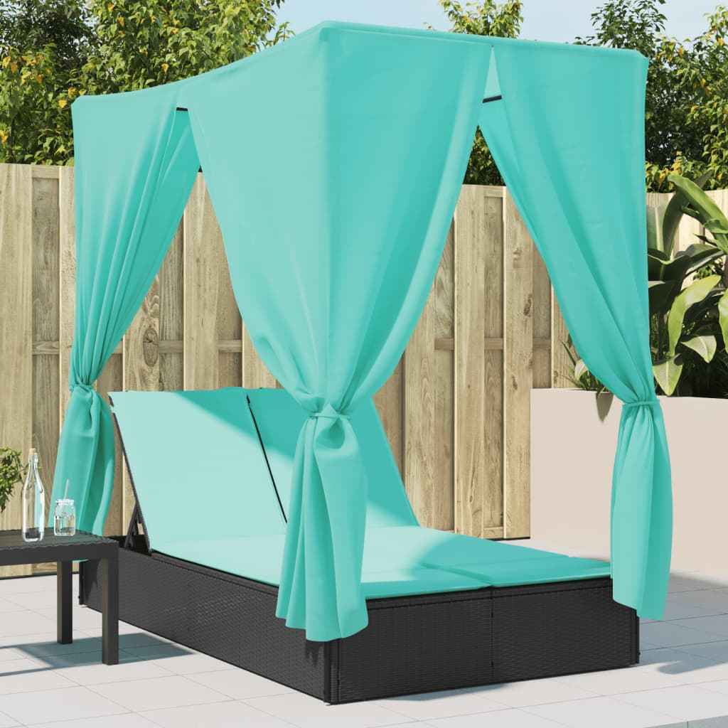 vidaXL Ligbed tweepersoons met dak en gordijn poly rattan grijs