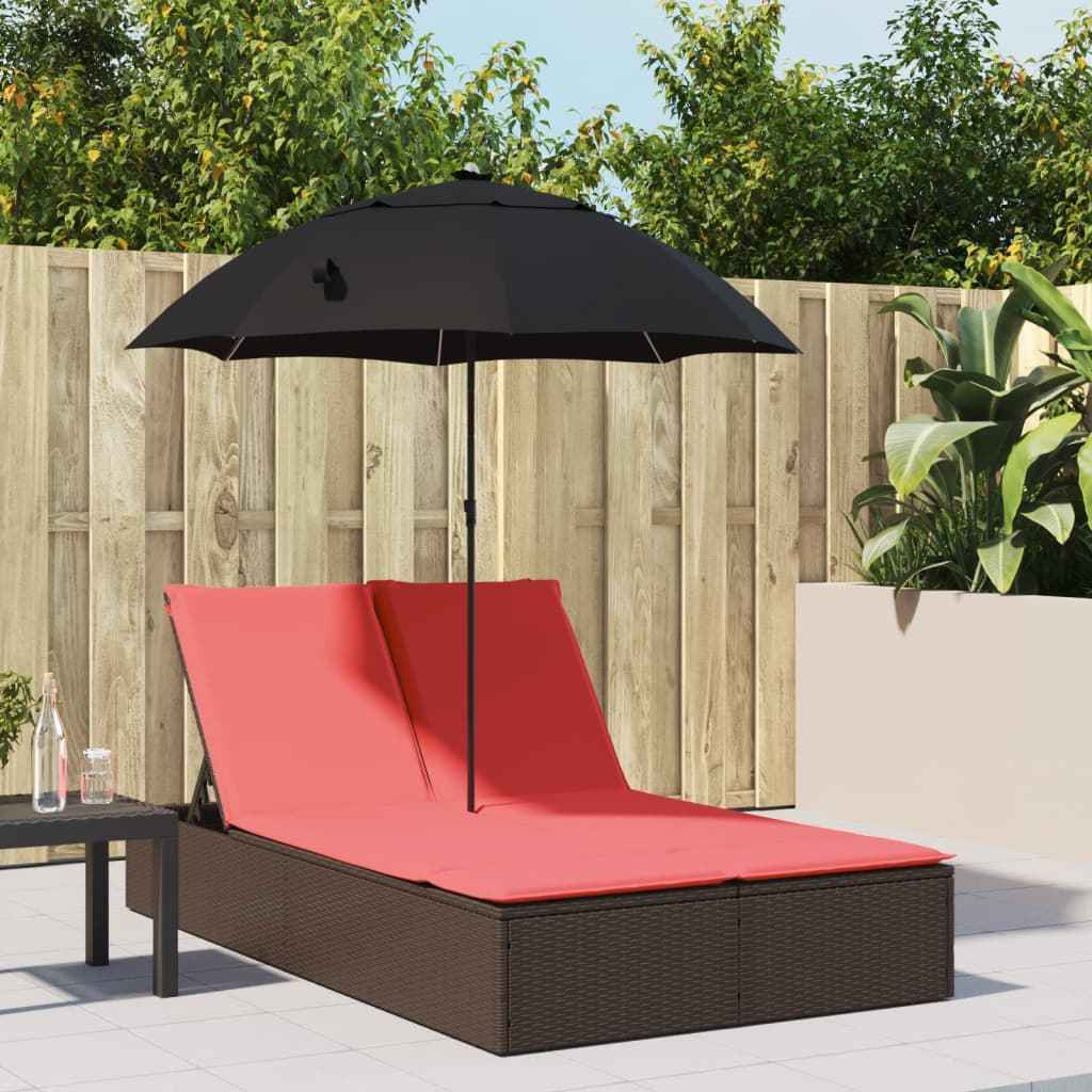 vidaXL Ligbed 2-persoons met kussens en parasol poly rattan bruin