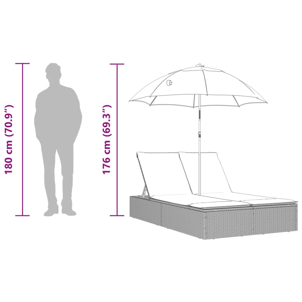 vidaXL Ligbed 2-persoons met kussens en parasol poly rattan bruin